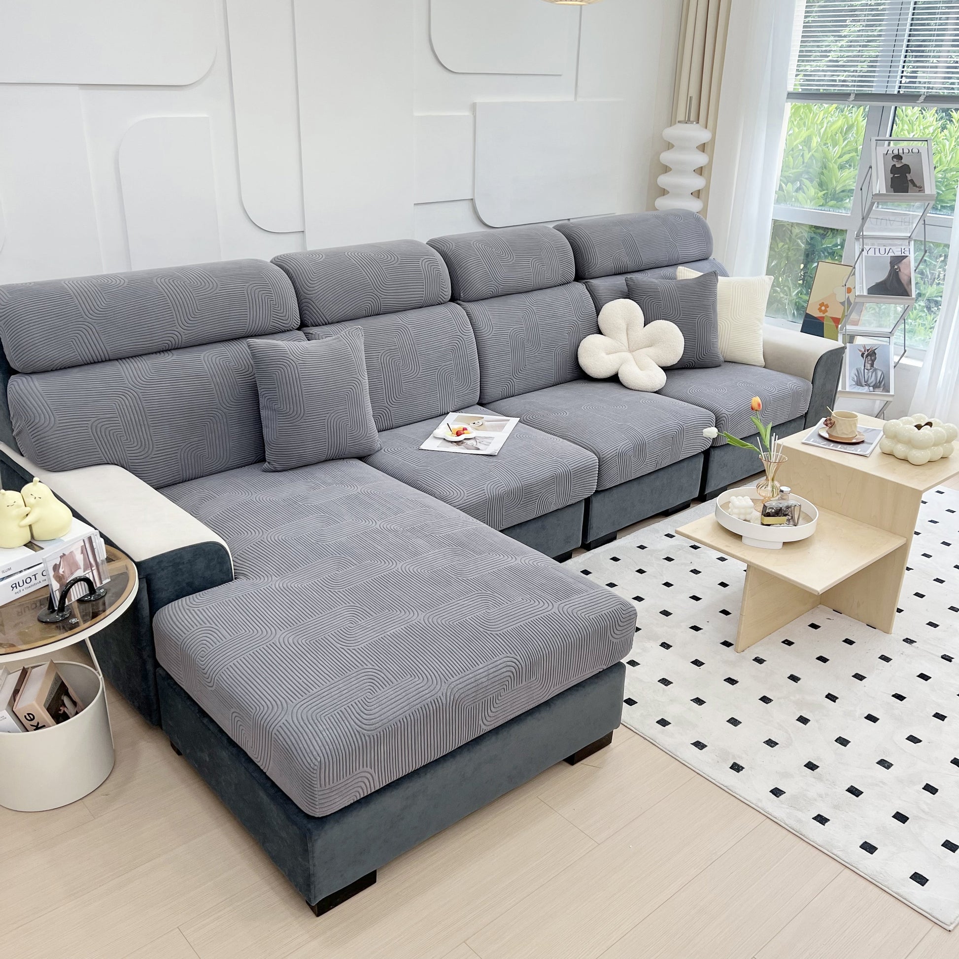 Stretch Couch Cushion Covers, Washable Chaise Lounge Sofa Slipcover, Elastic Furniture Protector for Pets, Kid on modern sofa