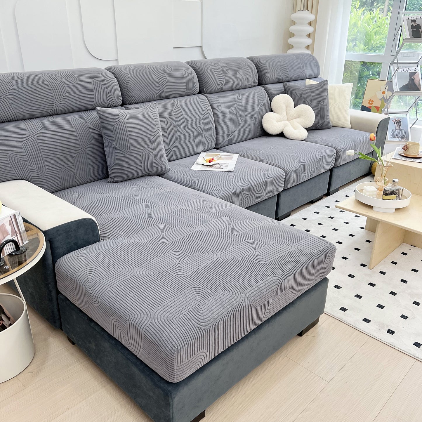 Stretch Couch Cushion Covers, Washable Chaise Lounge Sofa Slipcover, Elastic Furniture Protector for Pets, Kid on gray sectional.