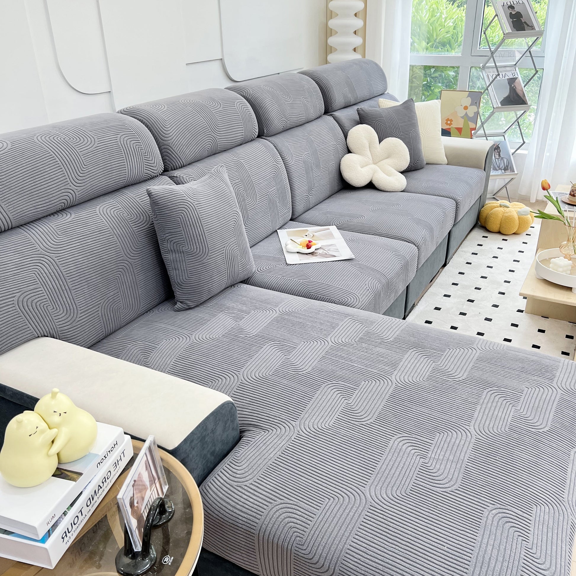 Stretch Couch Cushion Covers, Washable Chaise Lounge Sofa Slipcover, Elastic Furniture Protector for Pets, Kid on grey sofa