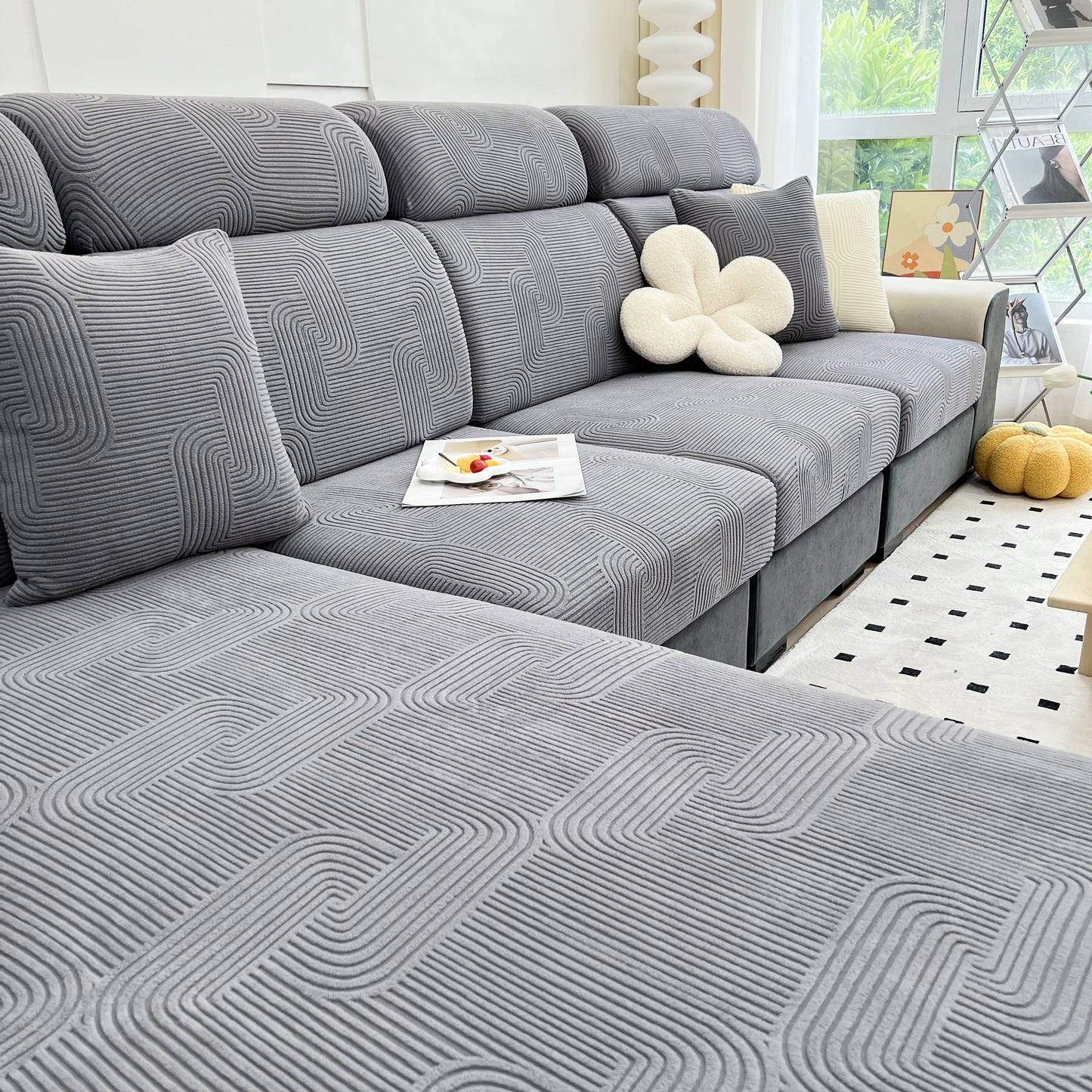 Stretch Couch Cushion Covers, Washable Chaise Lounge Sofa Slipcover, Elastic Furniture Protector for Pets, Kid on gray sofa