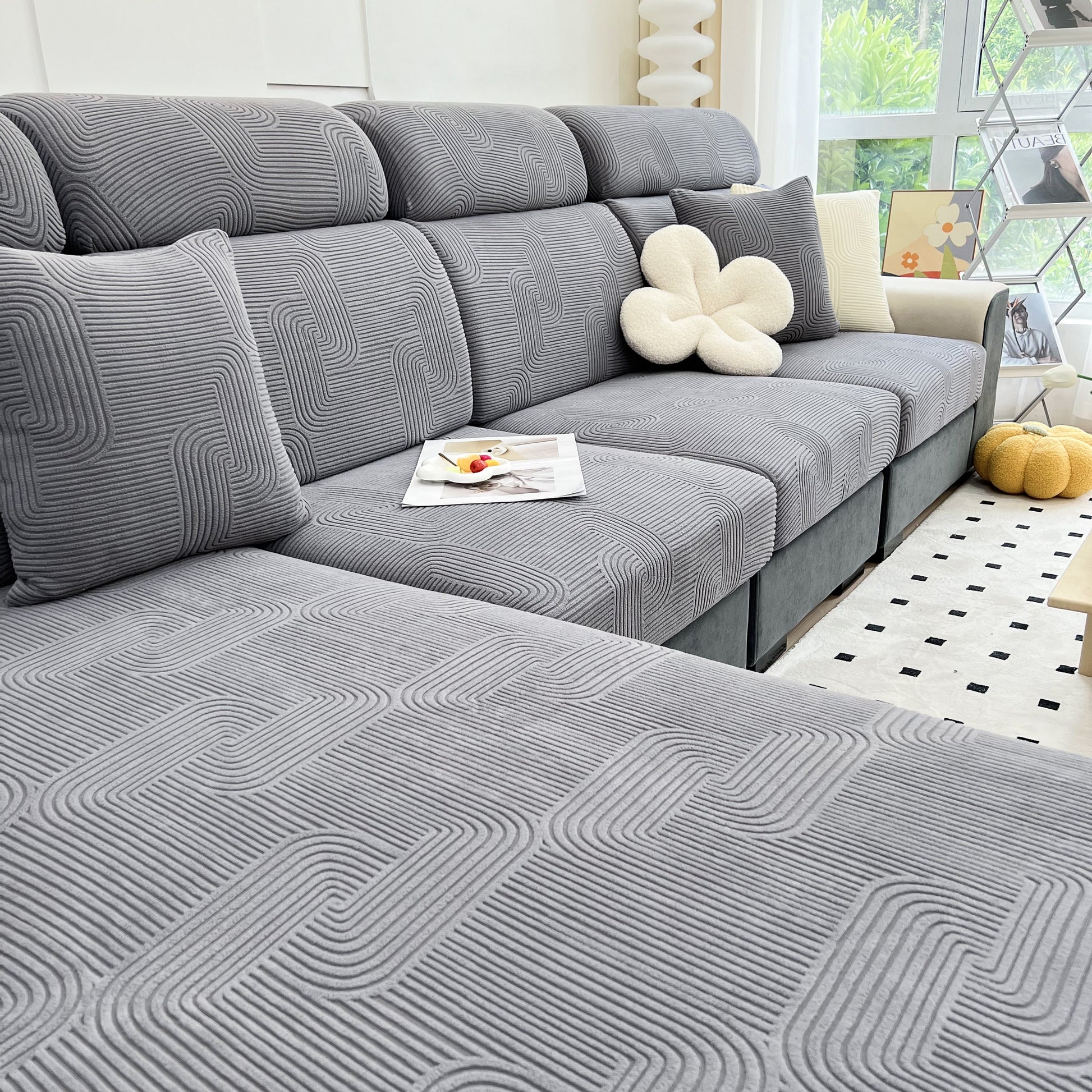 Stretch Couch Cushion Covers, Washable Chaise Lounge Sofa Slipcover, Elastic Furniture Protector for Pets, Kid on gray sofa