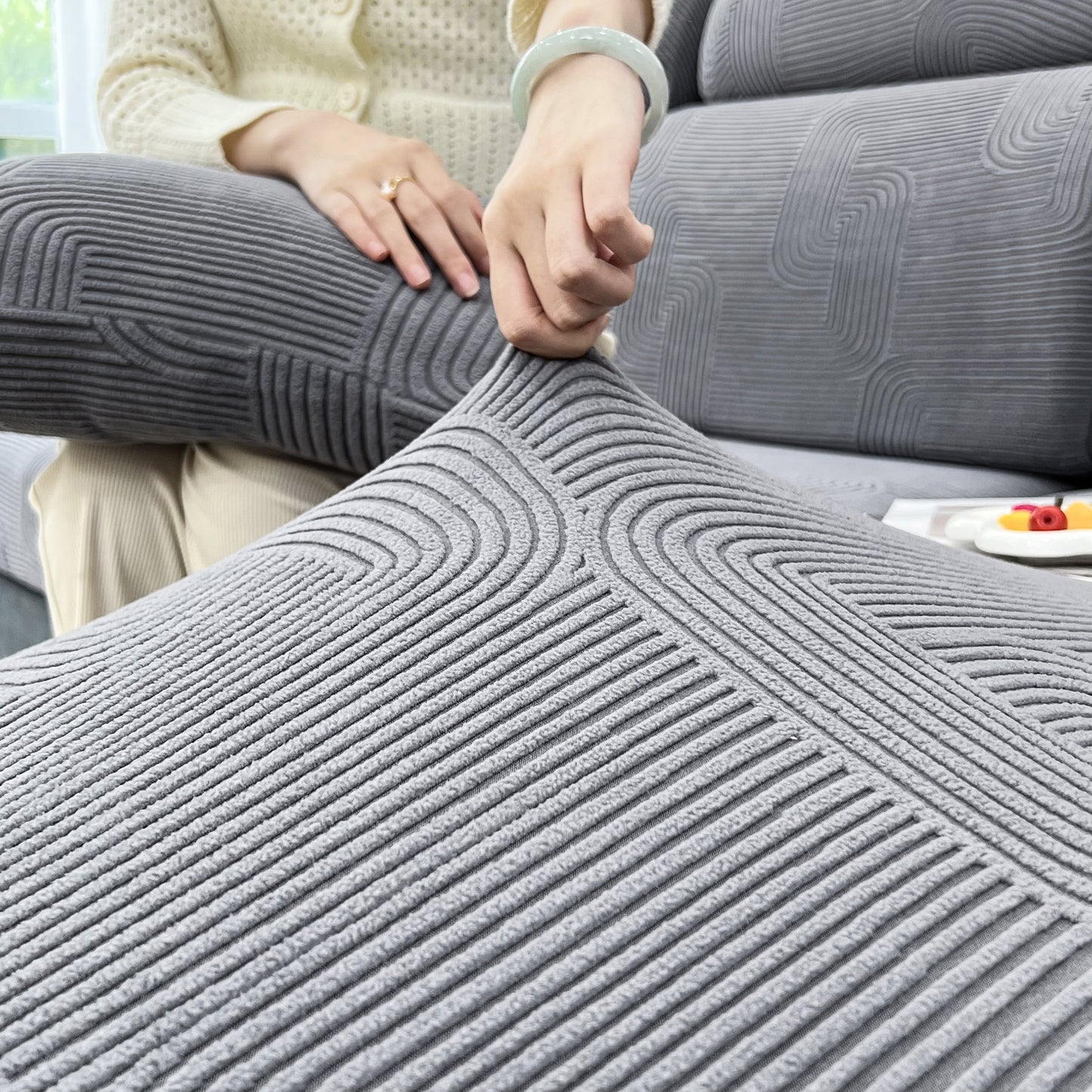 Stretch Couch Cushion Covers, Washable Chaise Lounge Sofa Slipcover, Elastic Furniture Protector for Pets, Kid on gray sofa