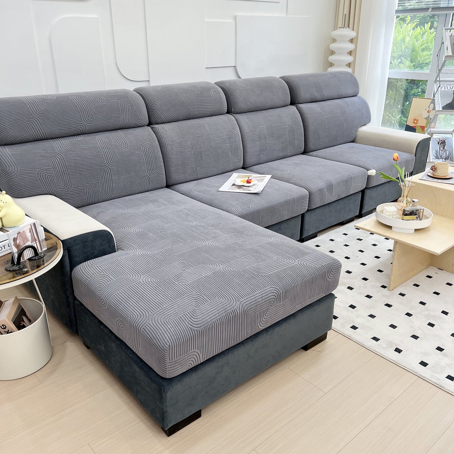 Stretch Couch Cushion Covers, Washable Chaise Lounge Sofa Slipcover, Elastic Furniture Protector for Pets, Kid on stylish grey sofa