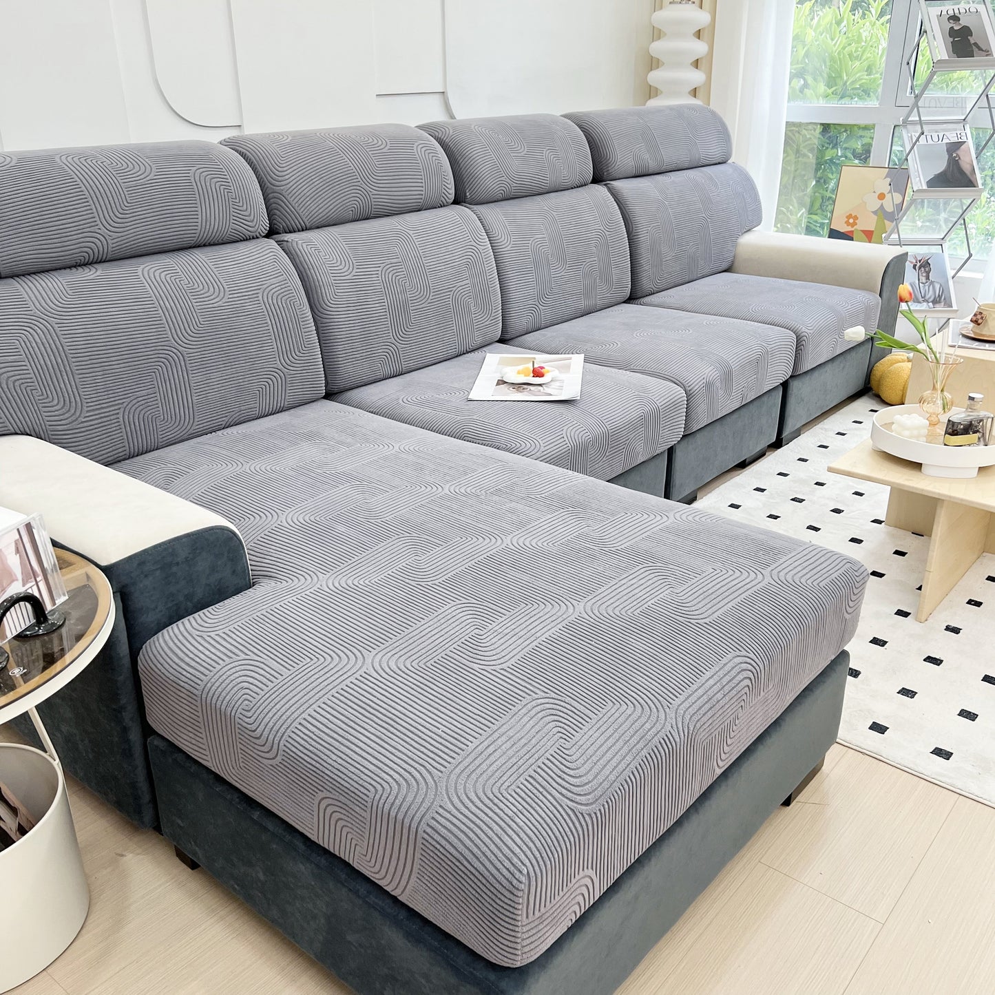 Stretch Couch Cushion Covers, Washable Chaise Lounge Sofa Slipcover, Elastic Furniture Protector for Pets, Kid shown on modern sofa.