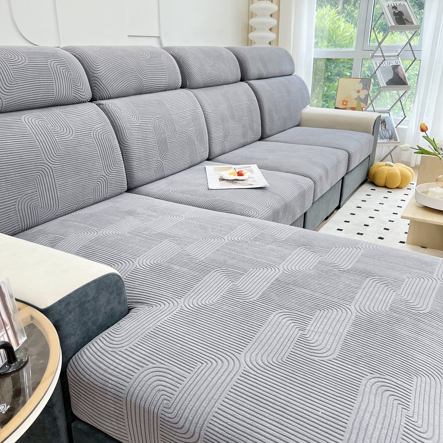 Stretch Couch Cushion Covers, Washable Chaise Lounge Sofa Slipcover, Elastic Furniture Protector for Pets, Kid on a modern sofa