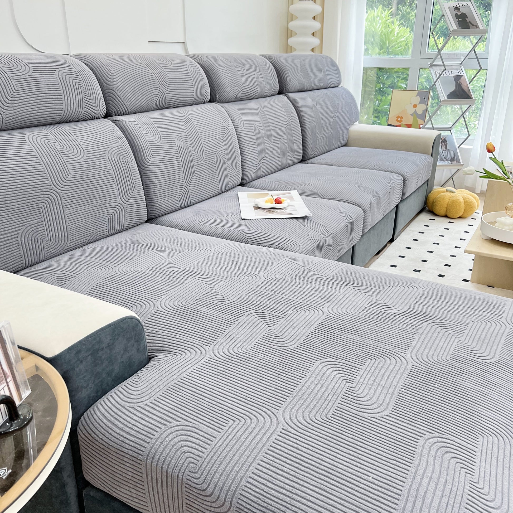Stretch Couch Cushion Covers, Washable Chaise Lounge Sofa Slipcover, Elastic Furniture Protector for Pets, Kid on a modern sofa