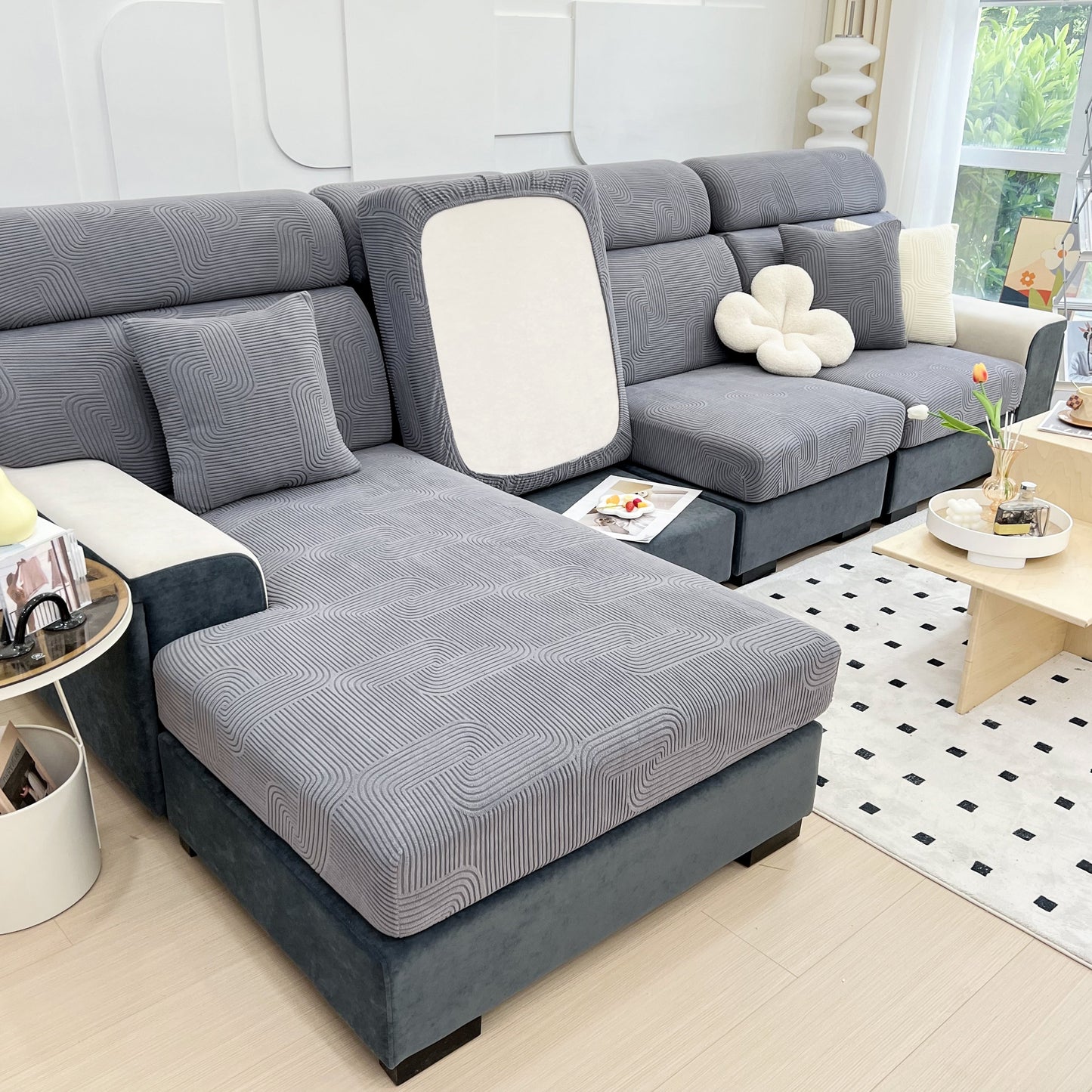Stylish grey sectional with Stretch Couch Cushion Covers, Washable Chaise Lounge Sofa Slipcover for pets and kids in modern living room.