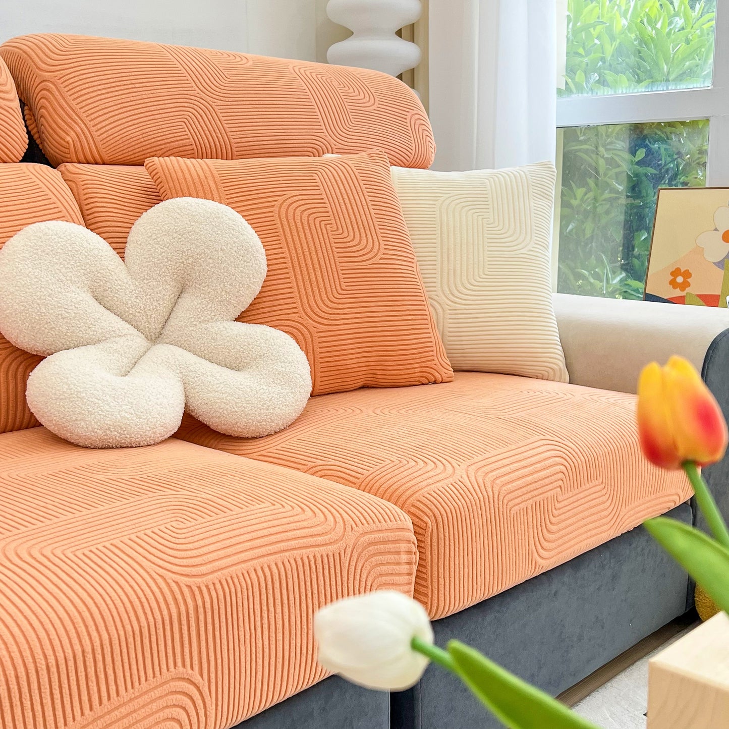Stretch Couch Cushion Covers, Washable Chaise Lounge Sofa Slipcover, Elastic Furniture Protector for Pets, Kid on orange sofa