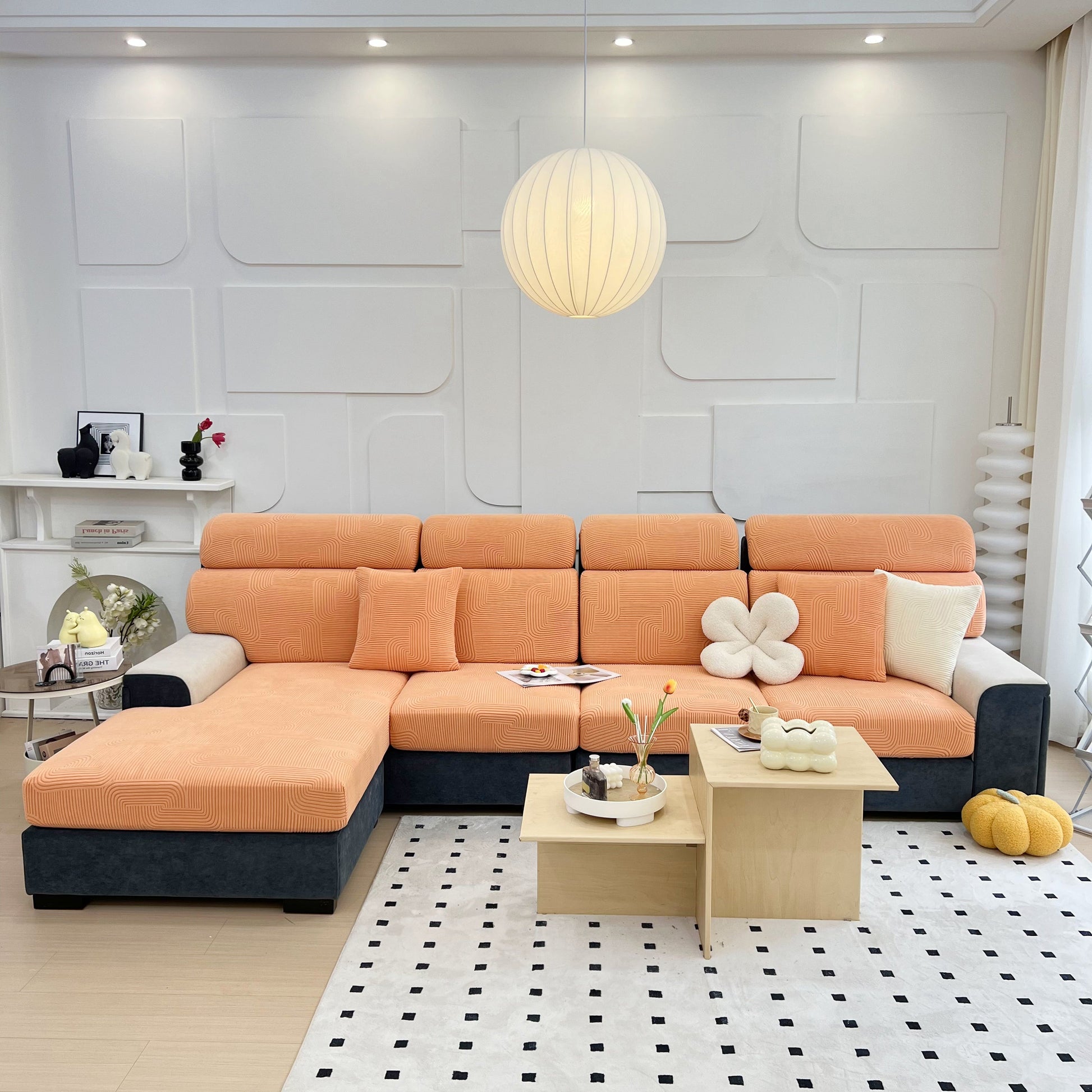Modern living room with Stretch Couch Cushion Covers, Washable Chaise Lounge Sofa Slipcover in orange color.