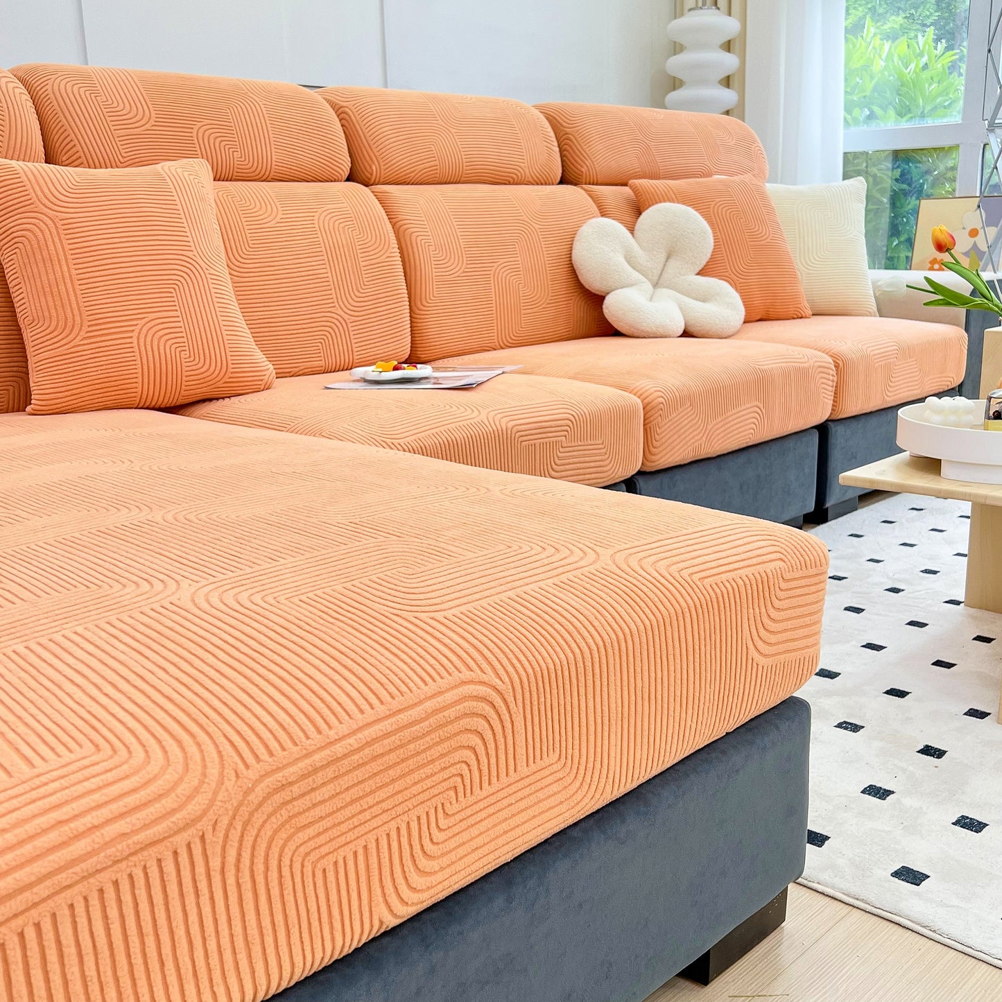 Stretch Couch Cushion Covers, Washable Chaise Lounge Sofa Slipcover, Elastic Furniture Protector for Pets, Kid on orange sofa