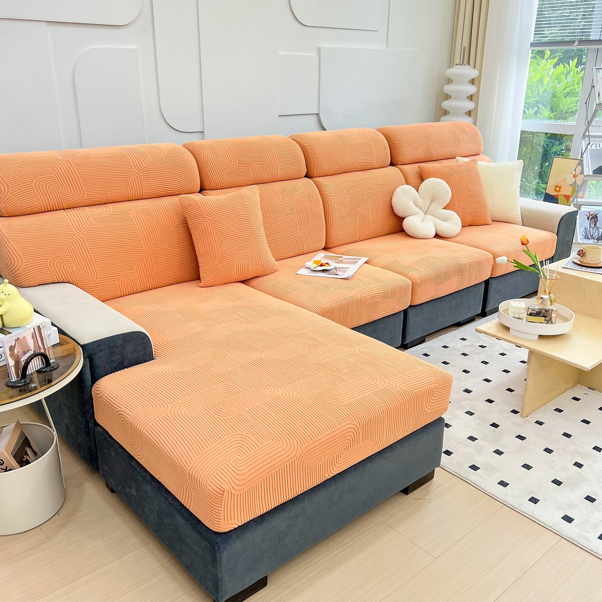 Stretch Couch Cushion Covers, Washable Chaise Lounge Sofa Slipcover, Elastic Furniture Protector for Pets, Kid in living room setting