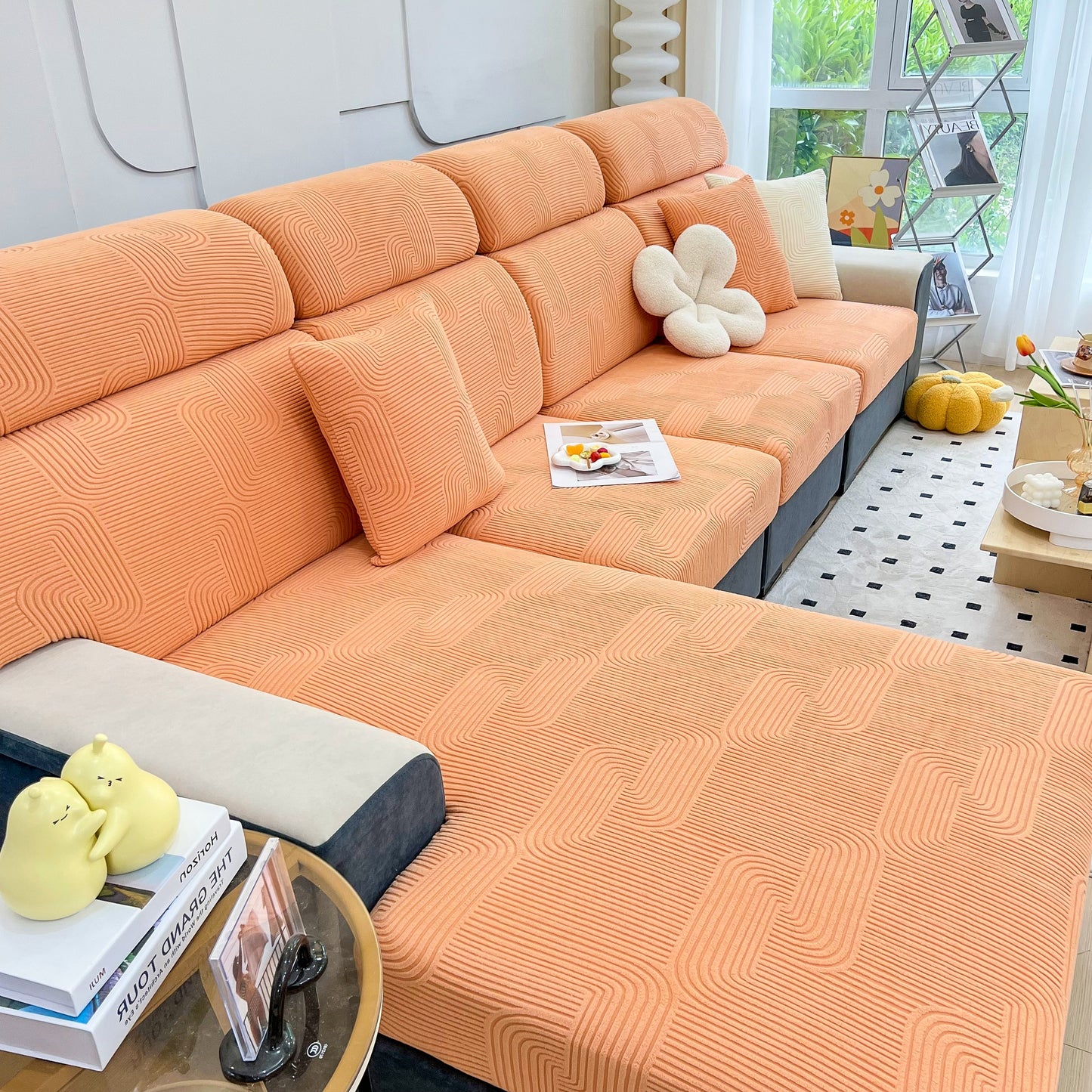 Stretch Couch Cushion Covers, Washable Chaise Lounge Sofa Slipcover, Elastic Furniture Protector for Pets, Kid on orange sofa