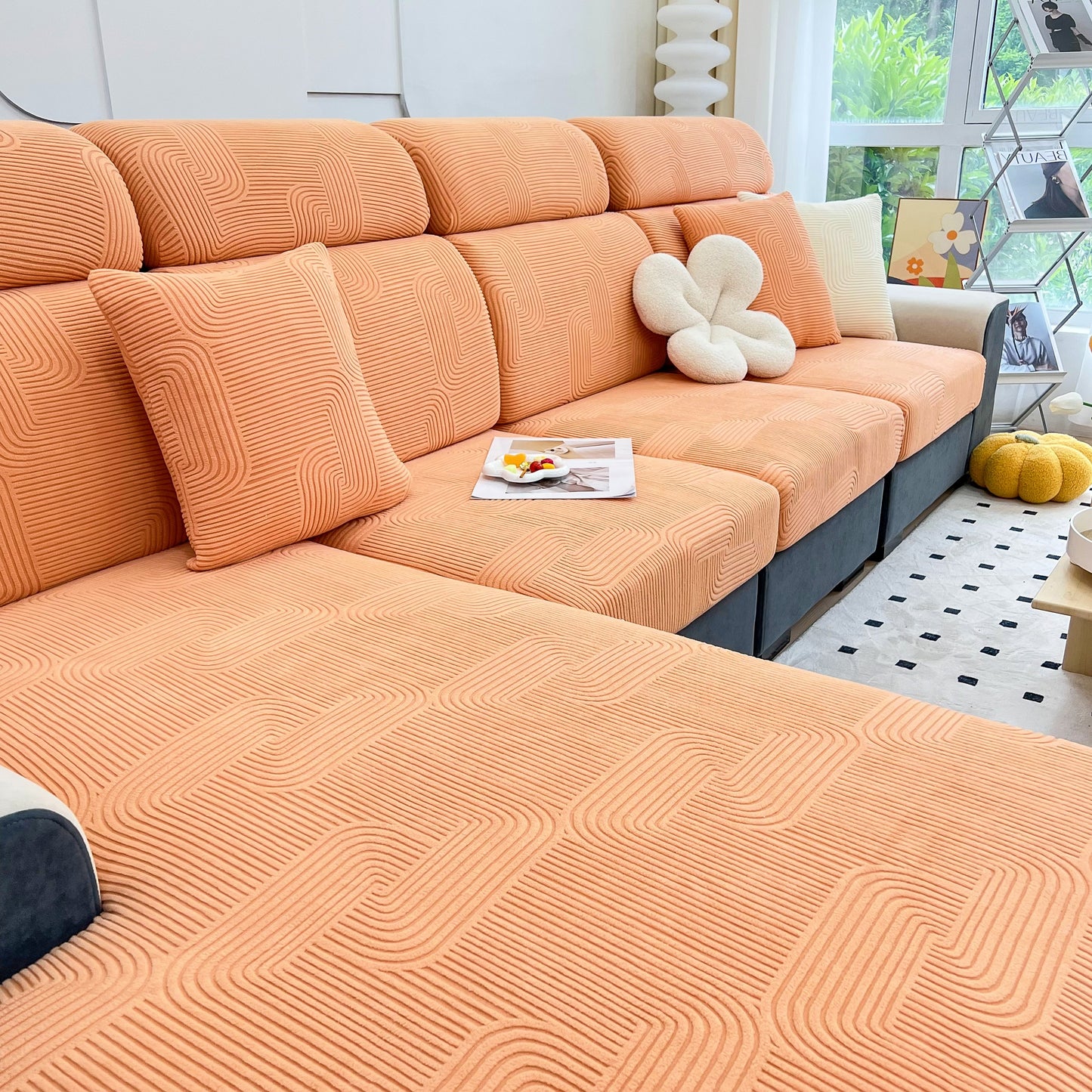 Stretch Couch Cushion Covers, Washable Chaise Lounge Sofa Slipcover, Elastic Furniture Protector for Pets, Kid in living room
