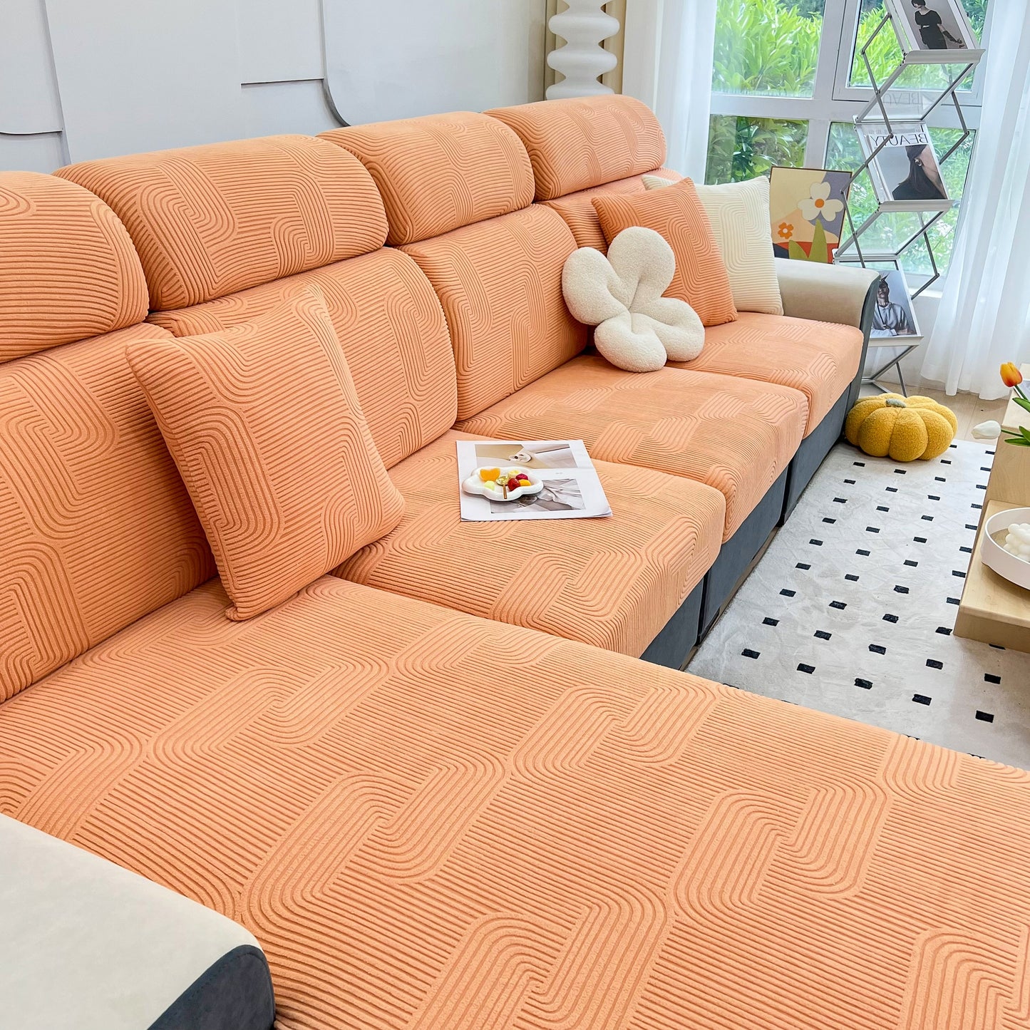Stretch Couch Cushion Covers, Washable Chaise Lounge Sofa Slipcover, Elastic Furniture Protector for Pets, Kid in a modern living room
