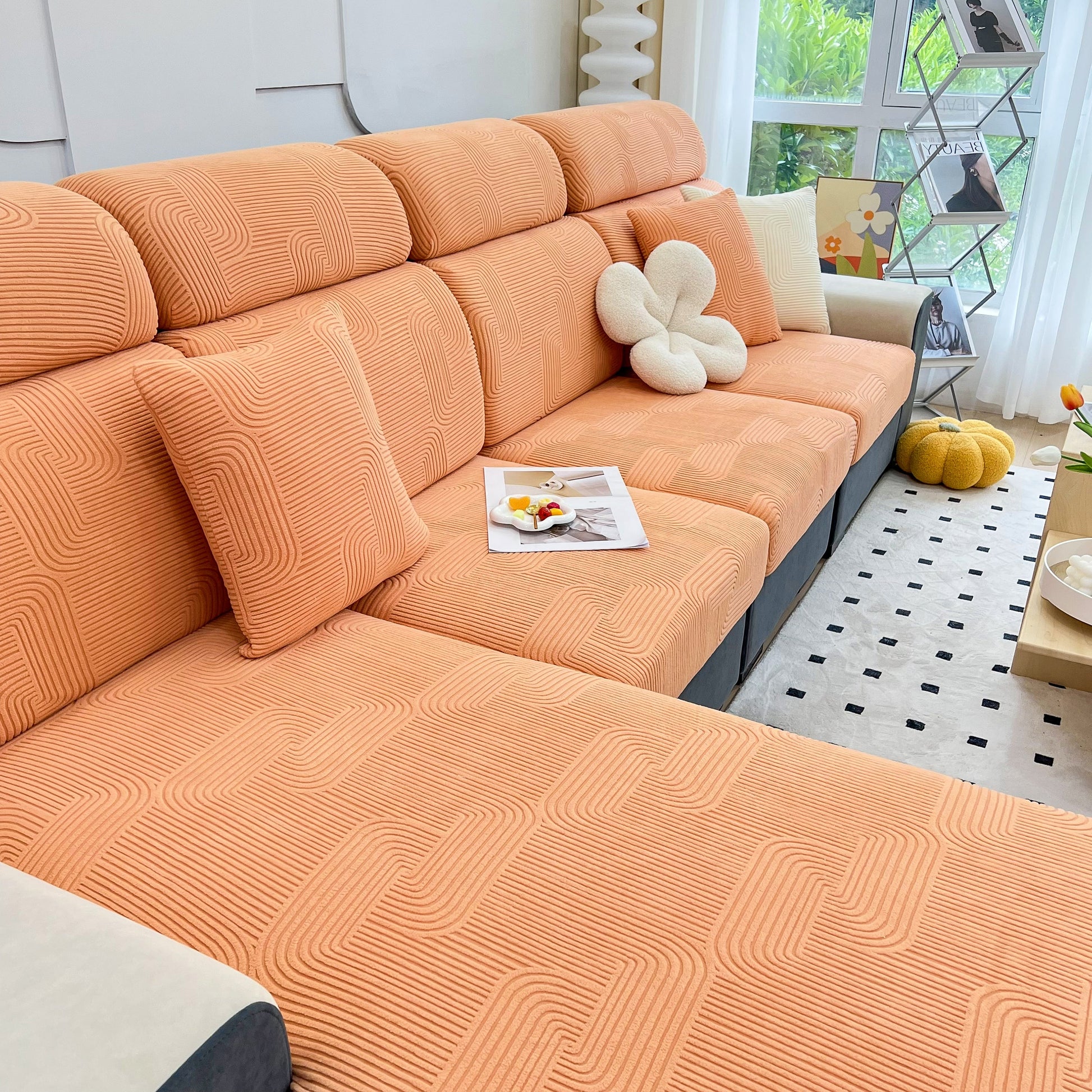 Stretch Couch Cushion Covers, Washable Chaise Lounge Sofa Slipcover, Elastic Furniture Protector for Pets, Kid in a modern living room