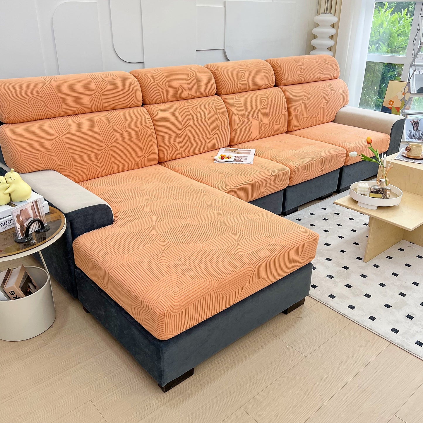 Stretch Couch Cushion Covers, Washable Chaise Lounge Sofa Slipcover, Elastic Furniture Protector for Pets, Kid in a modern living room