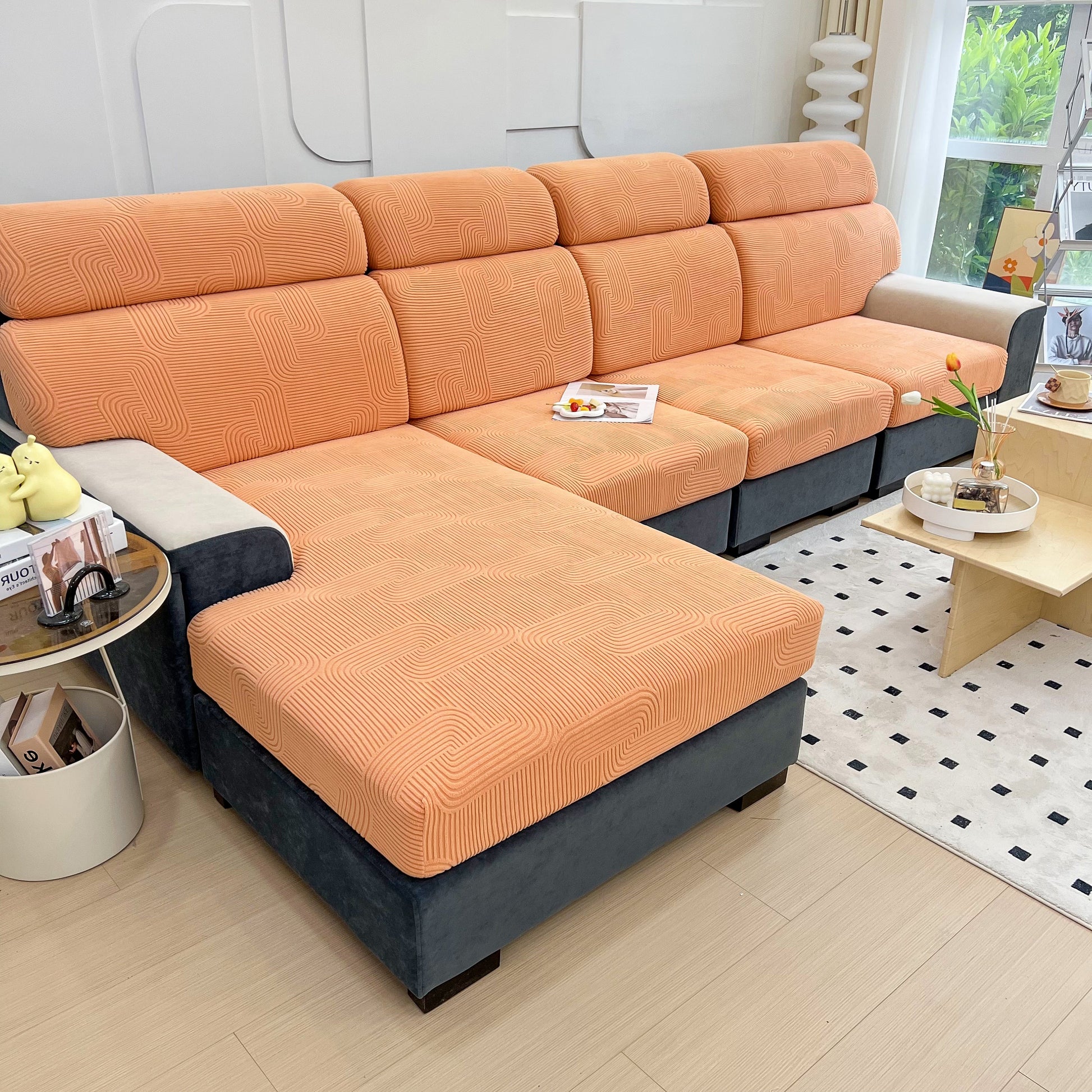 Stretch Couch Cushion Covers, Washable Chaise Lounge Sofa Slipcover, Elastic Furniture Protector for Pets, Kid in a modern living room
