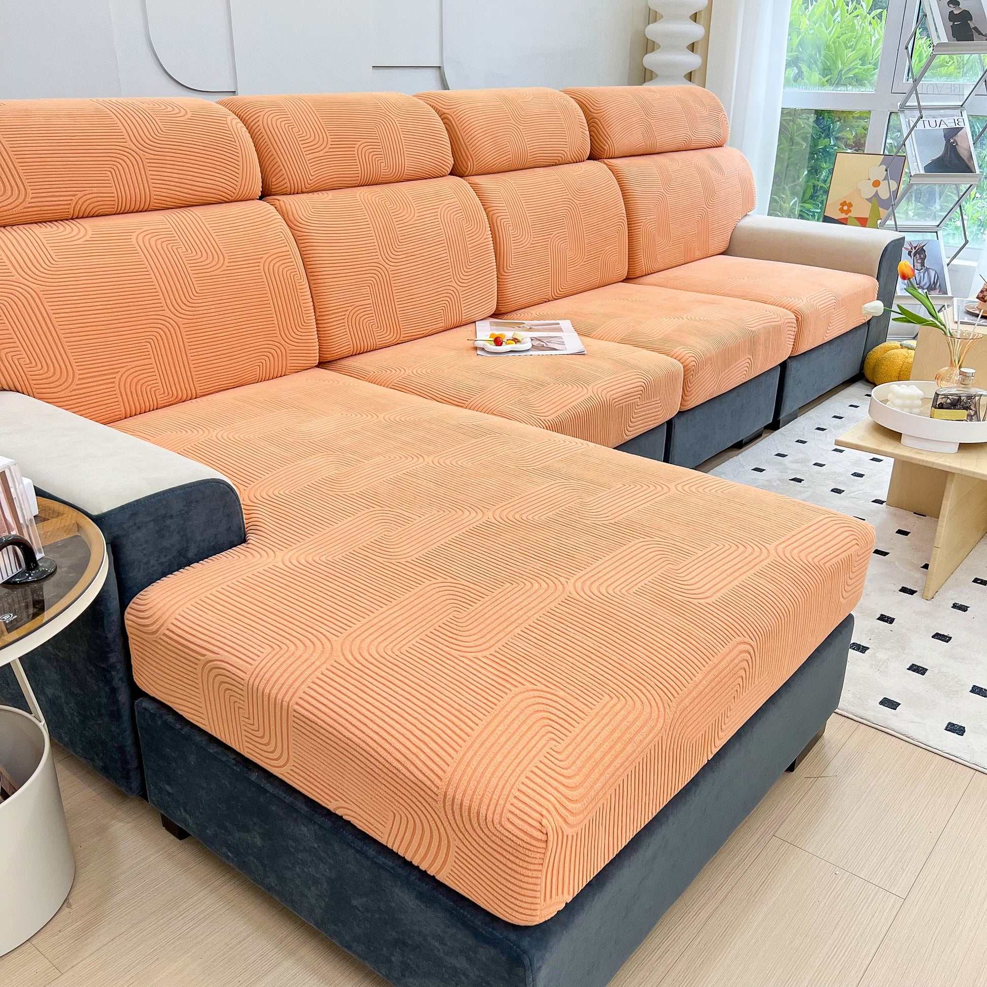 Stretch Couch Cushion Covers on chaise lounge sofa, Elastic Furniture Protector for Pets, Kid, Washable slipcover in orange fabric