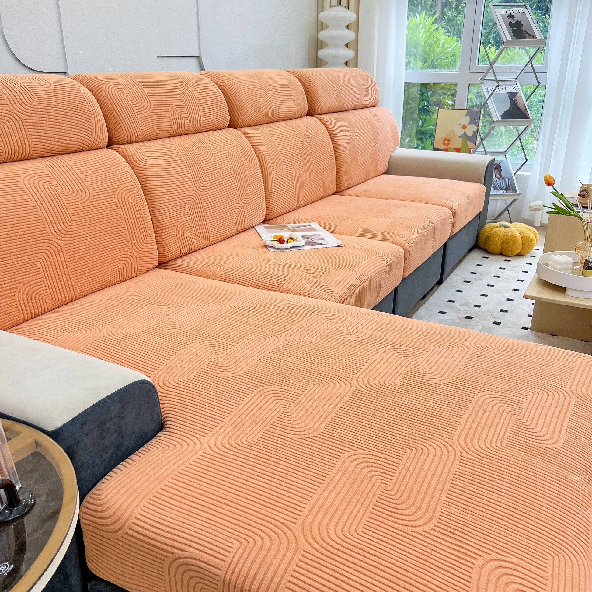 Stretch Couch Cushion Covers, Washable Chaise Lounge Sofa Slipcover, Elastic Furniture Protector for Pets, Kid shown on sofa