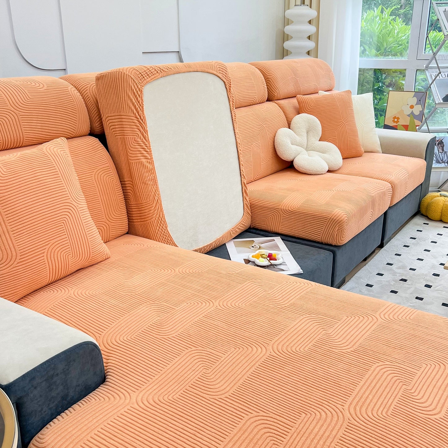 Stretch Couch Cushion Covers, Washable Chaise Lounge Sofa Slipcover, Elastic Furniture Protector for Pets, Kid in modern living room.