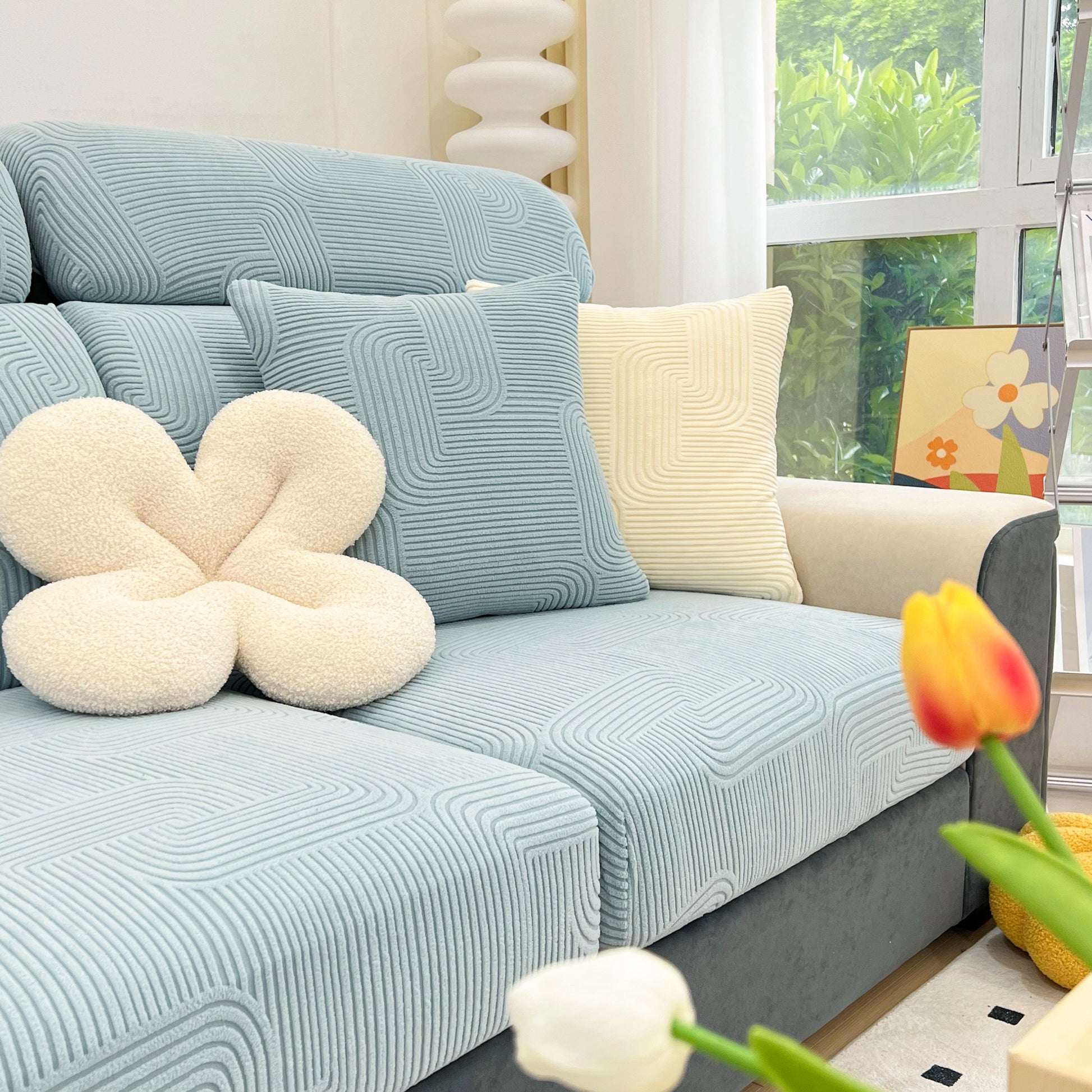 Stretch Couch Cushion Covers, Washable Chaise Lounge Sofa Slipcover, Elastic Furniture Protector for Pets, Kid on blue sofa