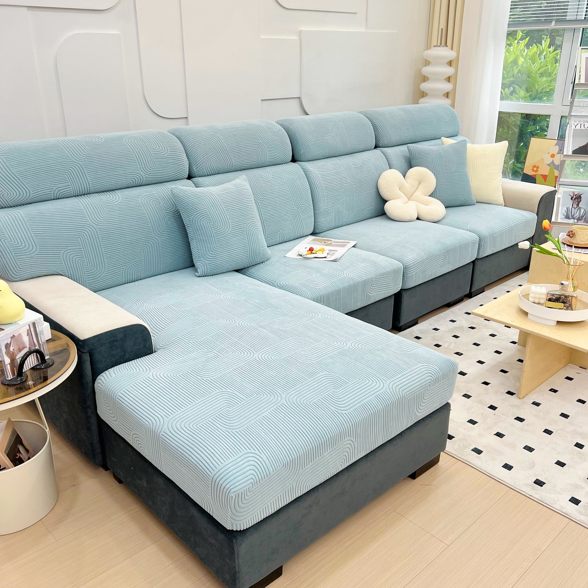 Stretch Couch Cushion Covers, Washable Chaise Lounge Sofa Slipcover, Elastic Furniture Protector for Pets, Kid on a modern sofa