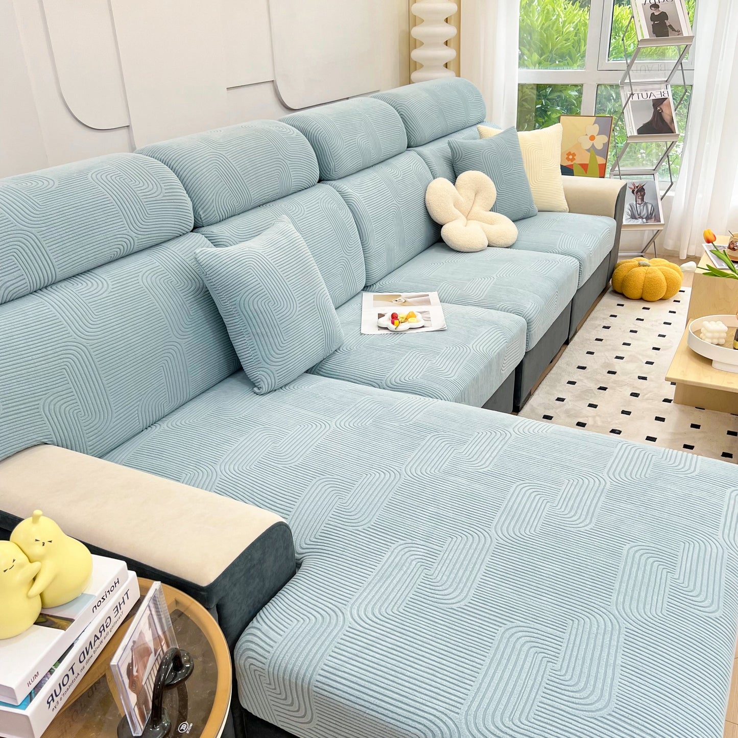 Stretch Couch Cushion Covers, Washable Chaise Lounge Sofa Slipcover, Elastic Furniture Protector for Pets, Kid on modern sofa