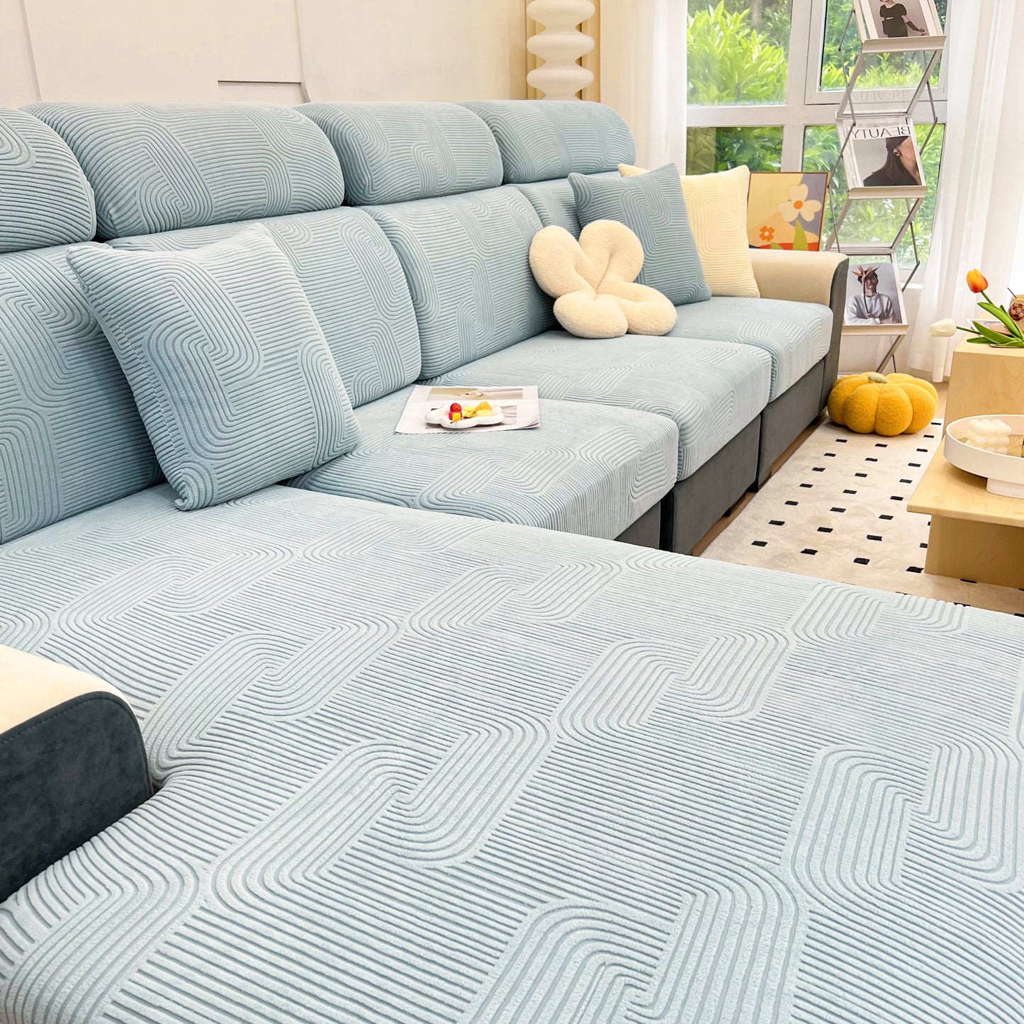 Stretch Couch Cushion Covers, Washable Chaise Lounge Sofa Slipcover, Elastic Furniture Protector for Pets, Kid on modern sofa