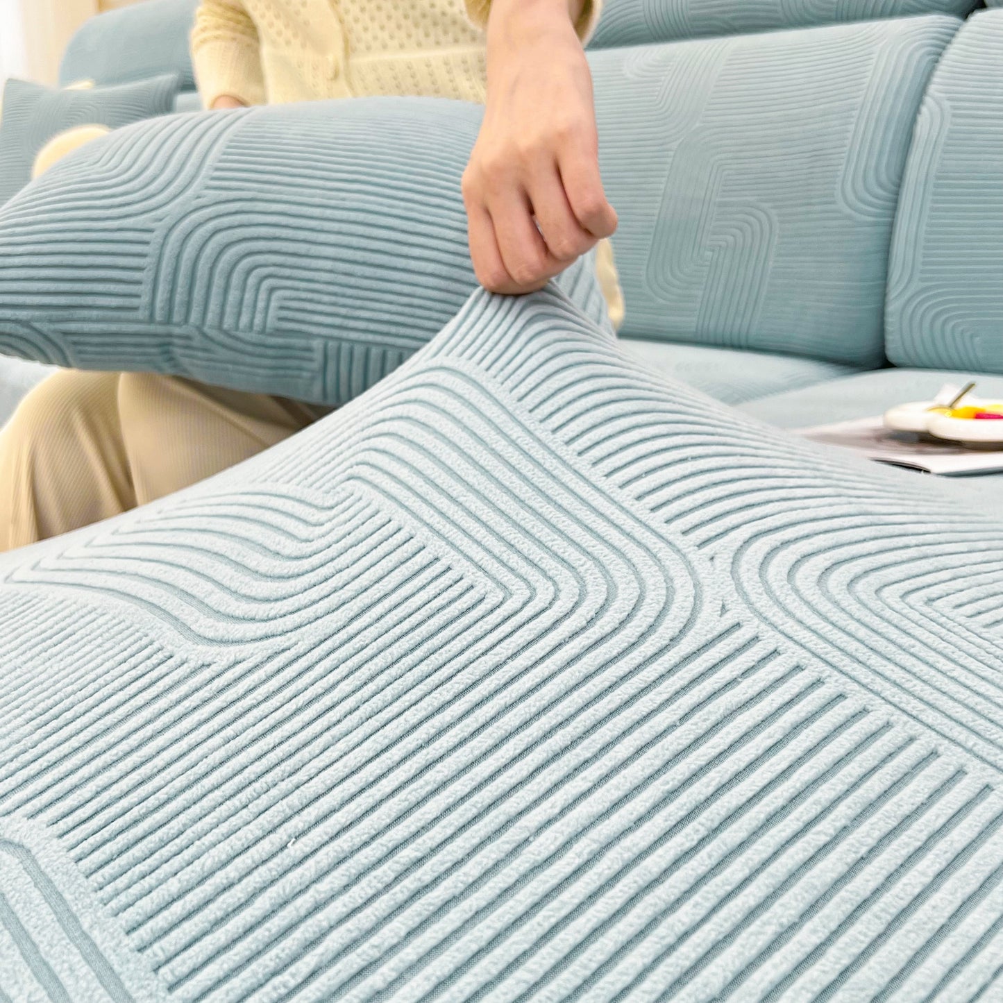 Stretch Couch Cushion Covers, Washable Chaise Lounge Sofa Slipcover, Elastic Furniture Protector for Pets, Kid shown in use