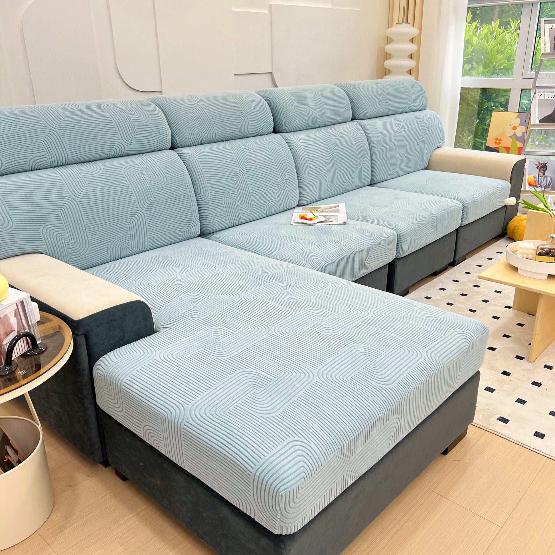 Stretch Couch Cushion Covers, Washable Chaise Lounge Sofa Slipcover, Elastic Furniture Protector for Pets, Kid on modern sofa