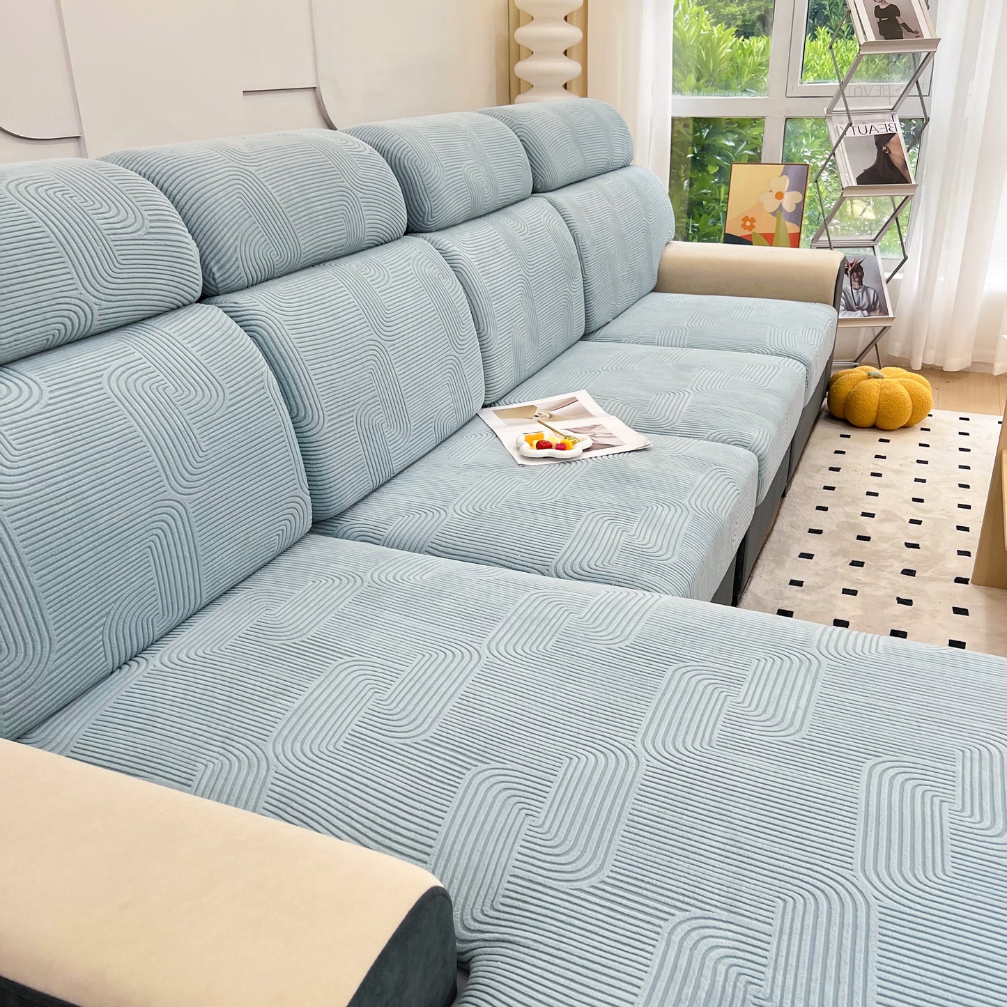 Stretch Couch Cushion Covers, Washable Chaise Lounge Sofa Slipcover, Elastic Furniture Protector for Pets, Kid on modern sofa