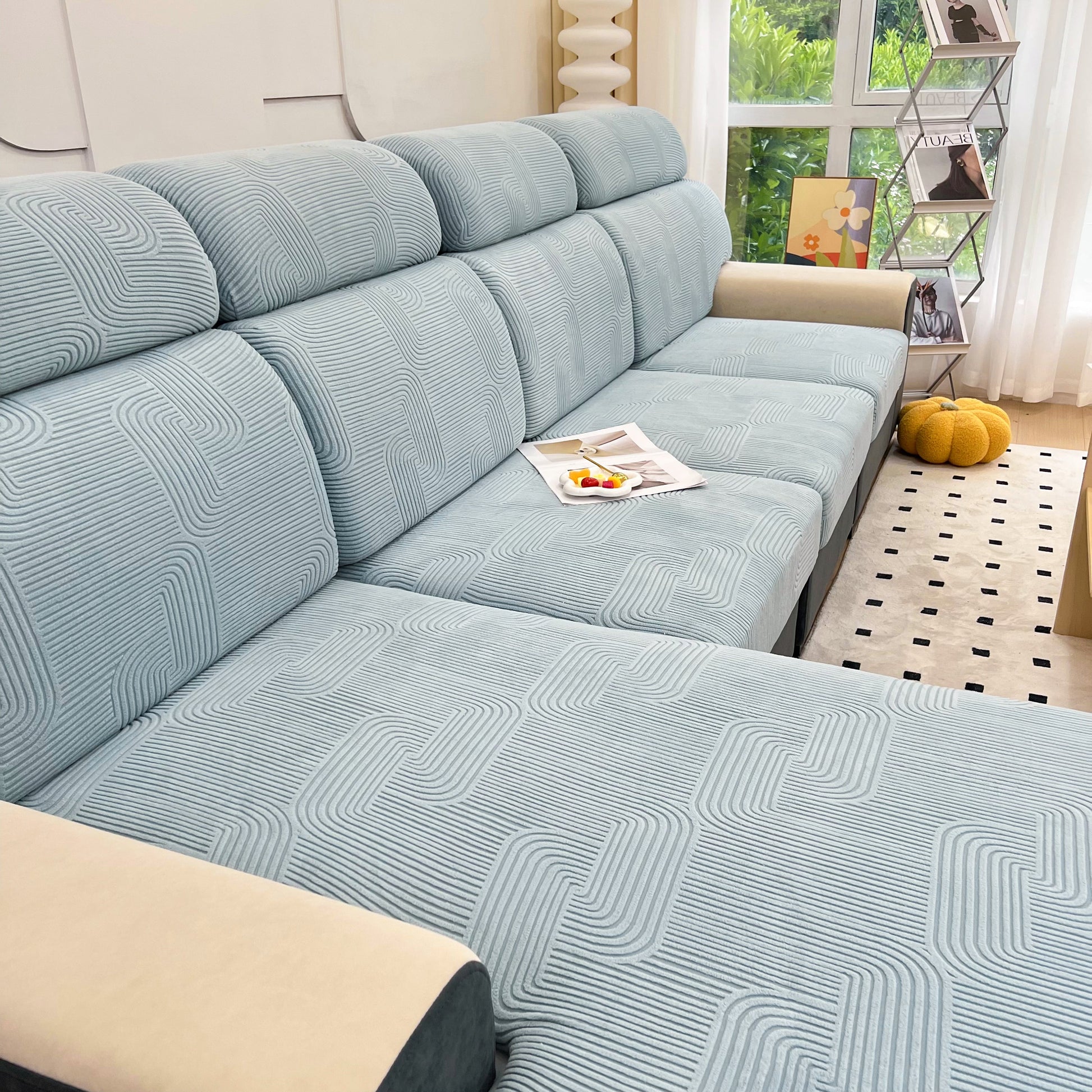 Stretch Couch Cushion Covers, Washable Chaise Lounge Sofa Slipcover, Elastic Furniture Protector for Pets, Kid on modern sofa