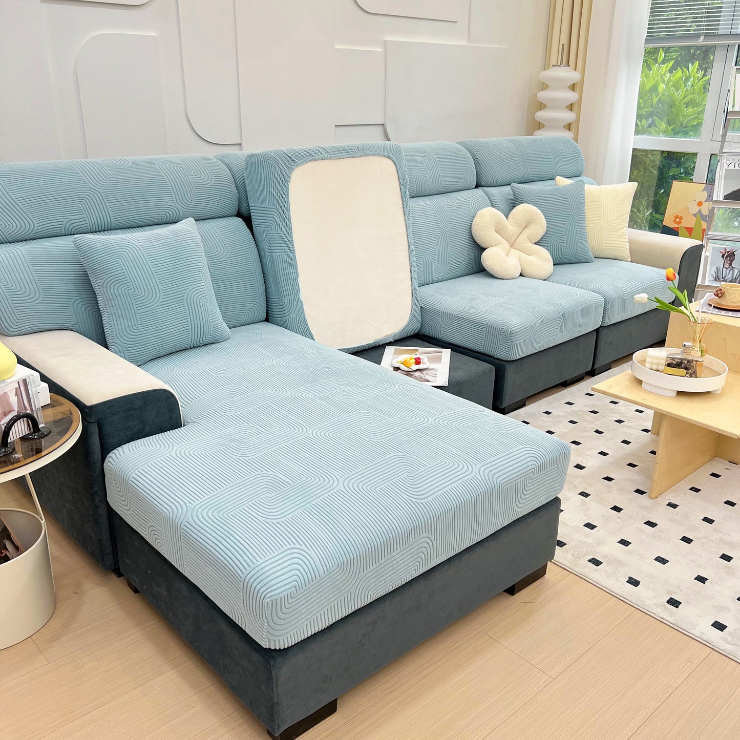 Stretch Couch Cushion Covers, Washable Chaise Lounge Sofa Slipcover, Elastic Furniture Protector for Pets, Kid on a modern sofa