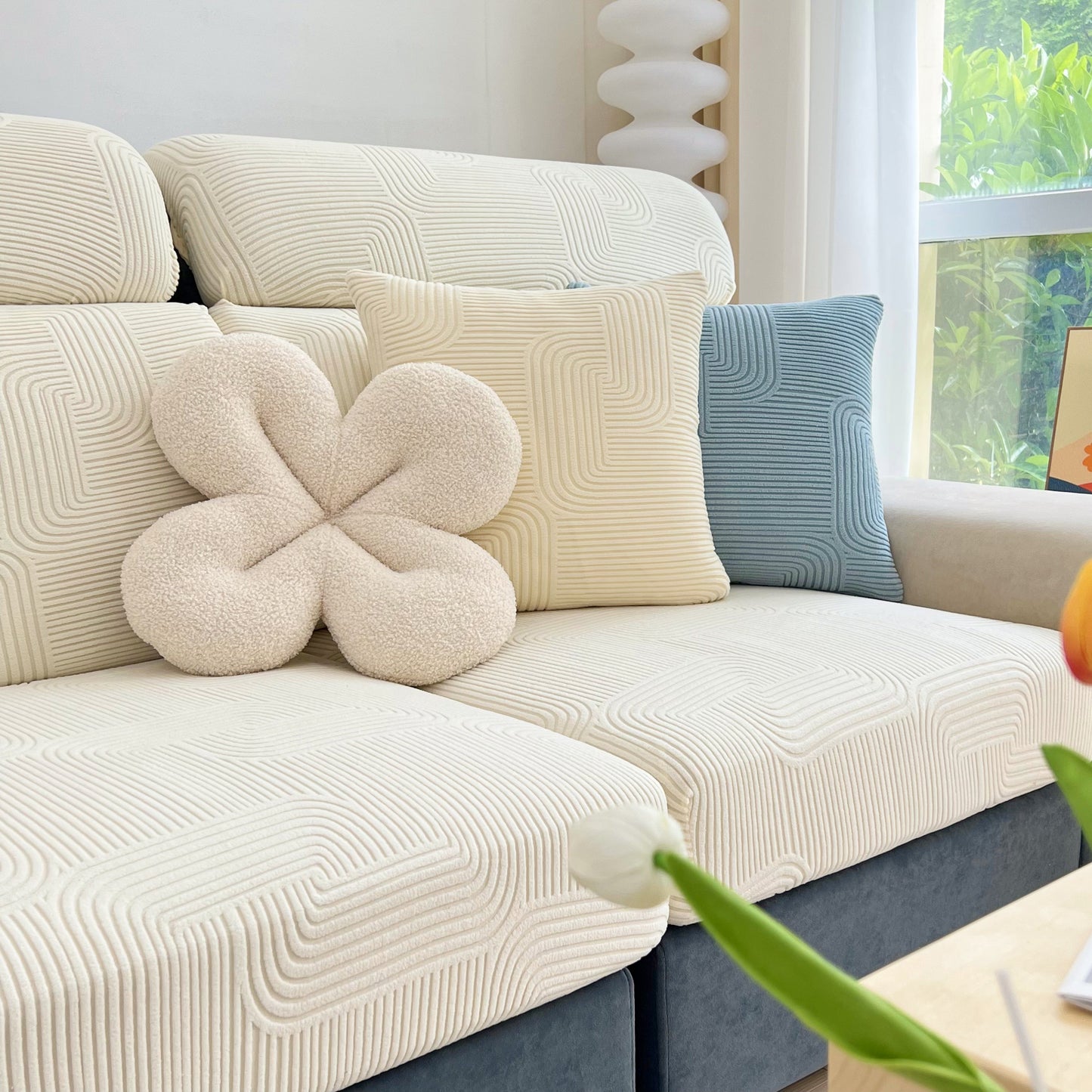 Stylish living room featuring Stretch Couch Cushion Covers, Washable Chaise Lounge Sofa Slipcover, Elastic Furniture Protector for Pets, Kid