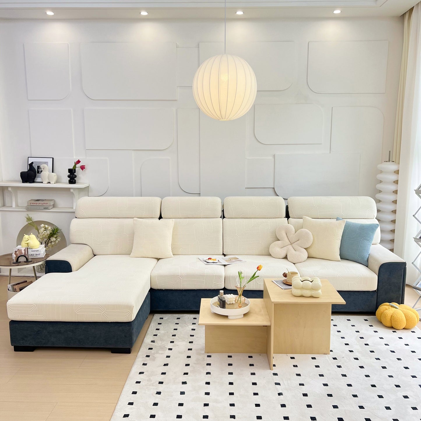 Modern living room with Stretch Couch Cushion Covers, Washable Chaise Lounge Sofa Slipcover, Elastic Furniture Protector for Pets, Kid