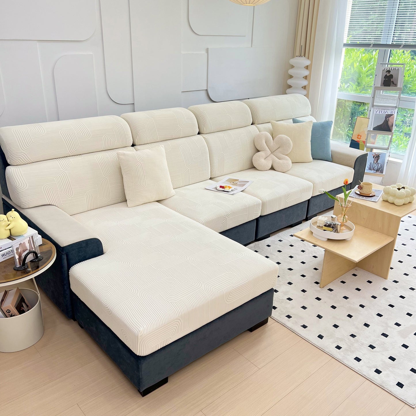 Stretch Couch Cushion Covers, Washable Chaise Lounge Sofa Slipcover, Elastic Furniture Protector for Pets, Kid on modern sofa