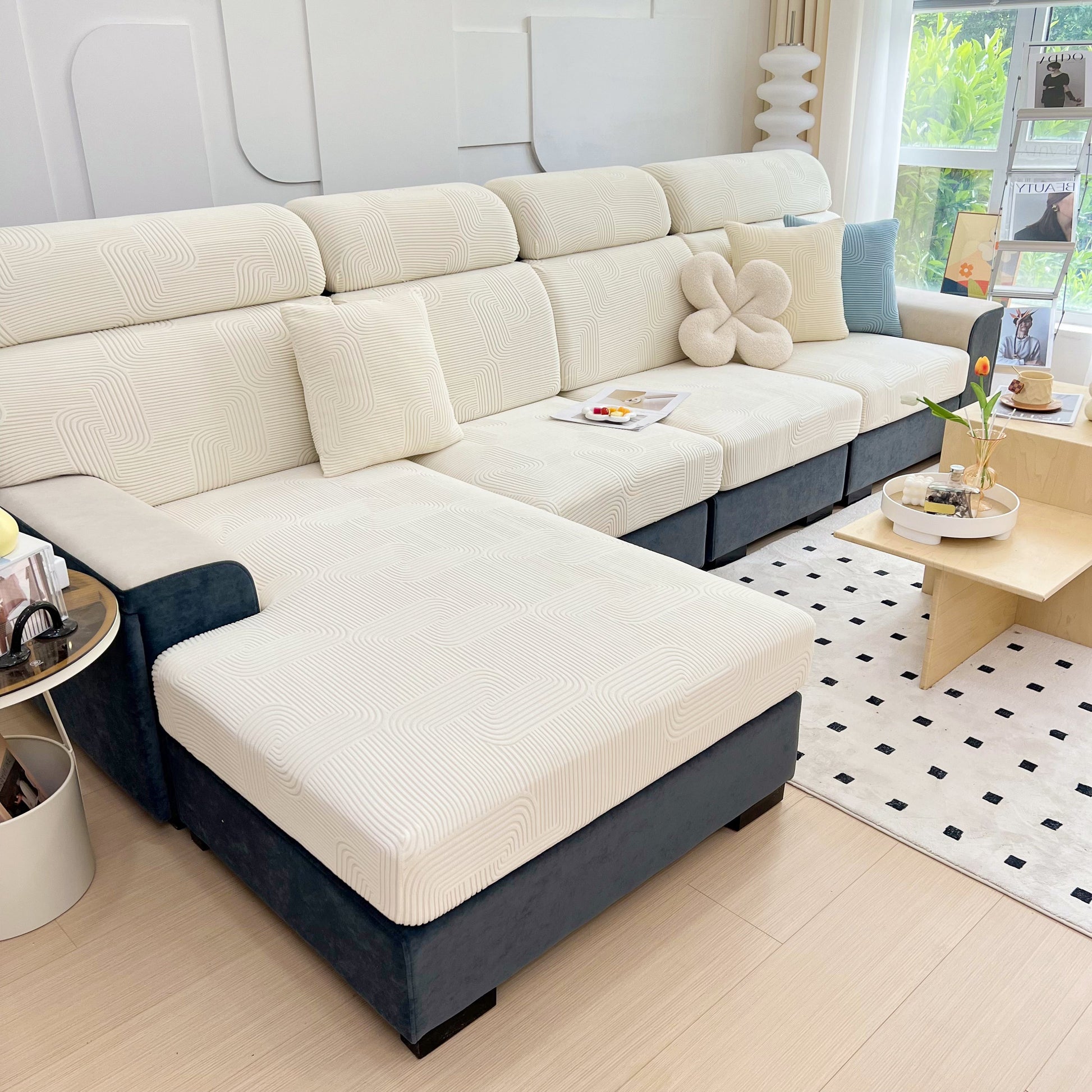 Modern living room with Stretch Couch Cushion Covers, Washable Chaise Lounge Sofa Slipcover, Elastic Furniture Protector for Pets, Kid.