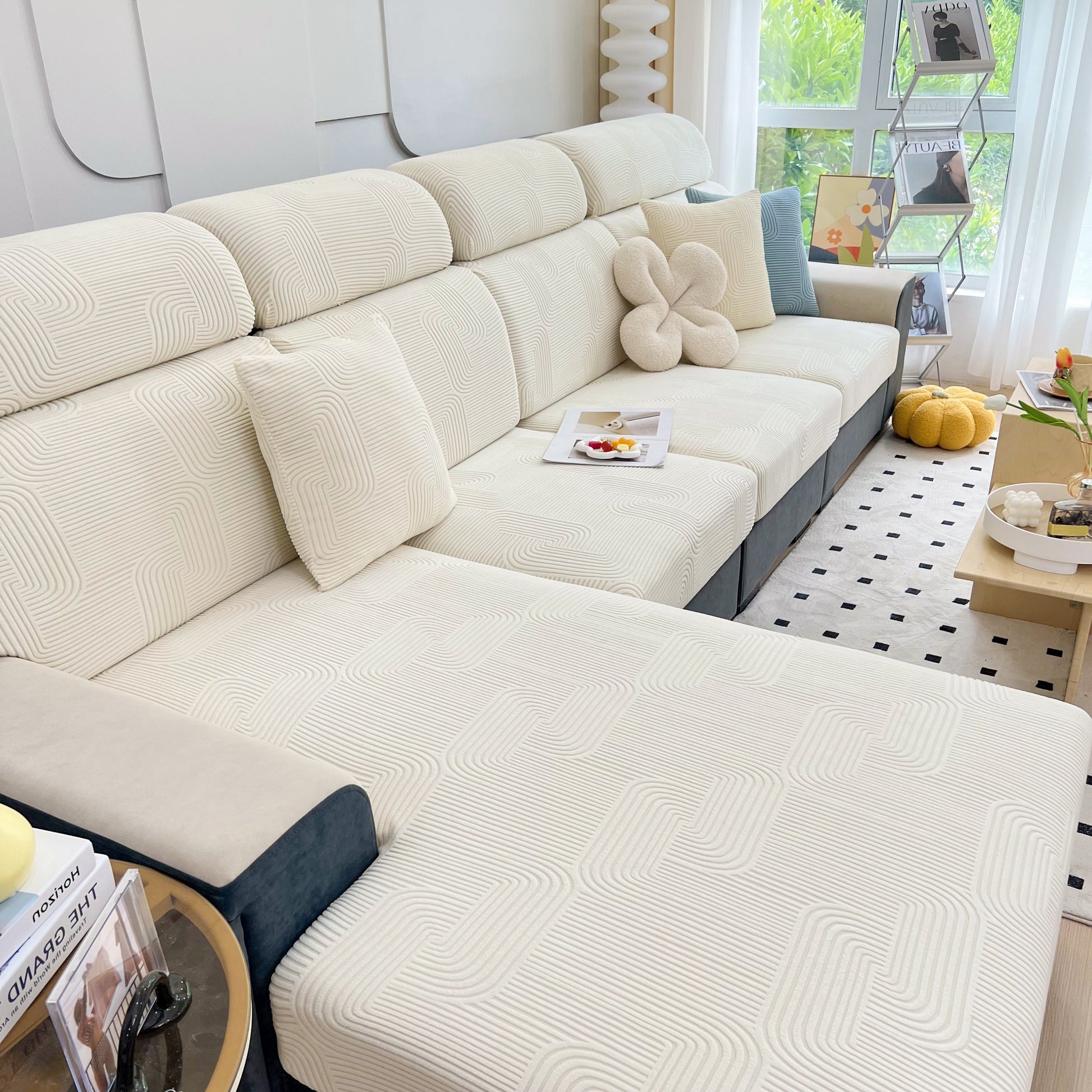 Stretch Couch Cushion Covers, Washable Chaise Lounge Sofa Slipcover, Elastic Furniture Protector for Pets, Kid on modern sofa