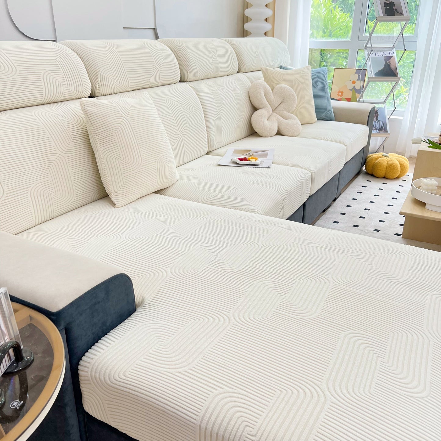 Stretch Couch Cushion Covers, Washable Chaise Lounge Sofa Slipcover, Elastic Furniture Protector for Pets, Kid on modern sofa