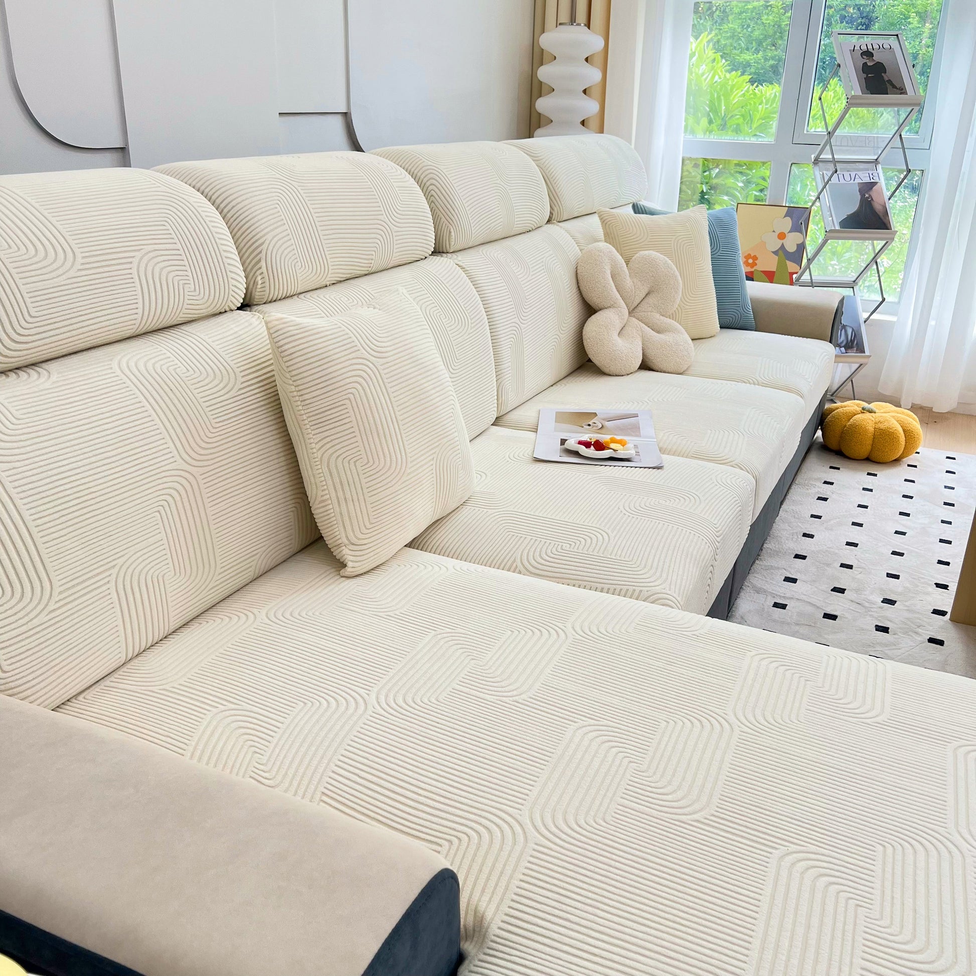 Stretch Couch Cushion Covers, Washable Chaise Lounge Sofa Slipcover, Elastic Furniture Protector for Pets, Kid on modern sofa