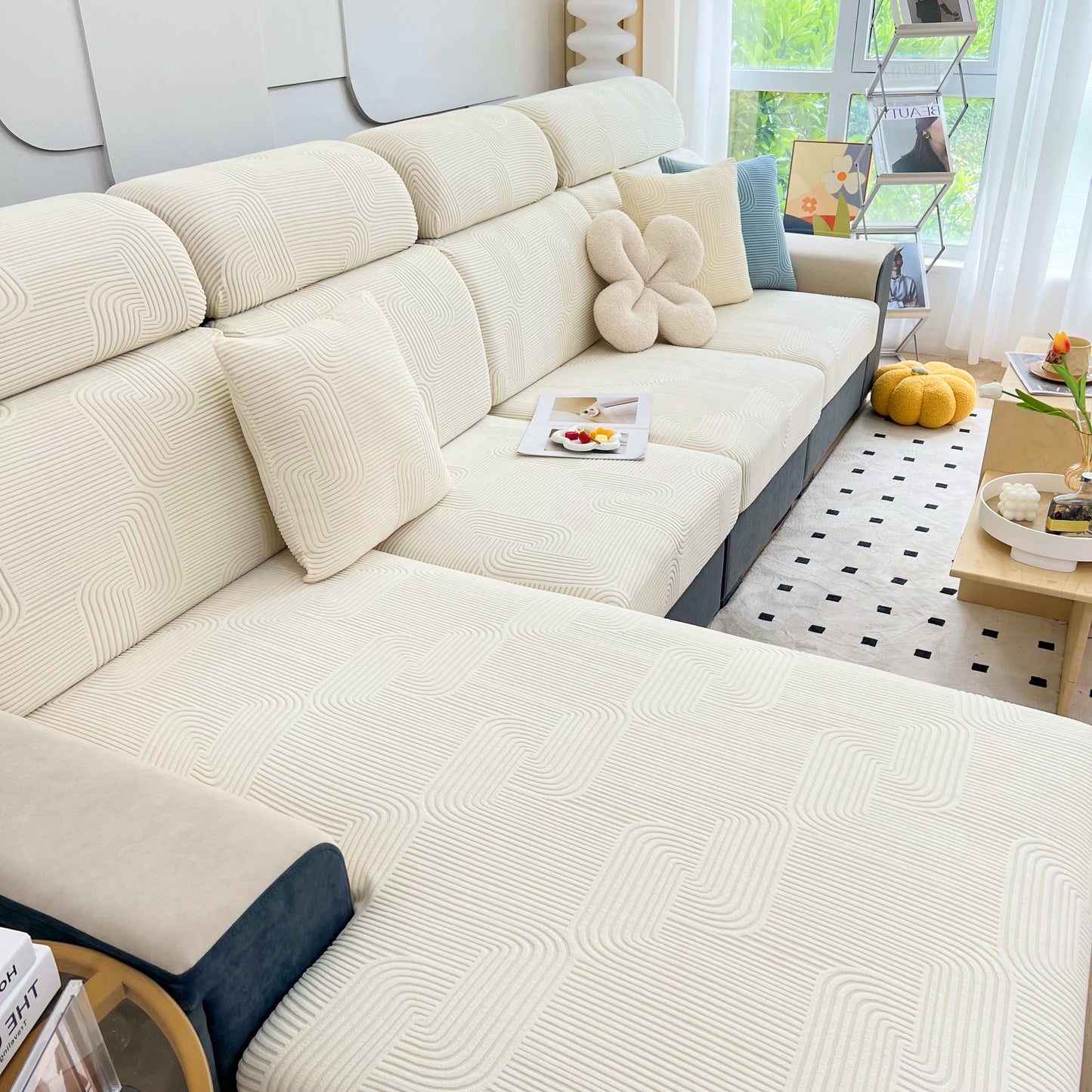 Stretch Couch Cushion Covers, Washable Chaise Lounge Sofa Slipcover, Elastic Furniture Protector for Pets, Kid on modern sofa