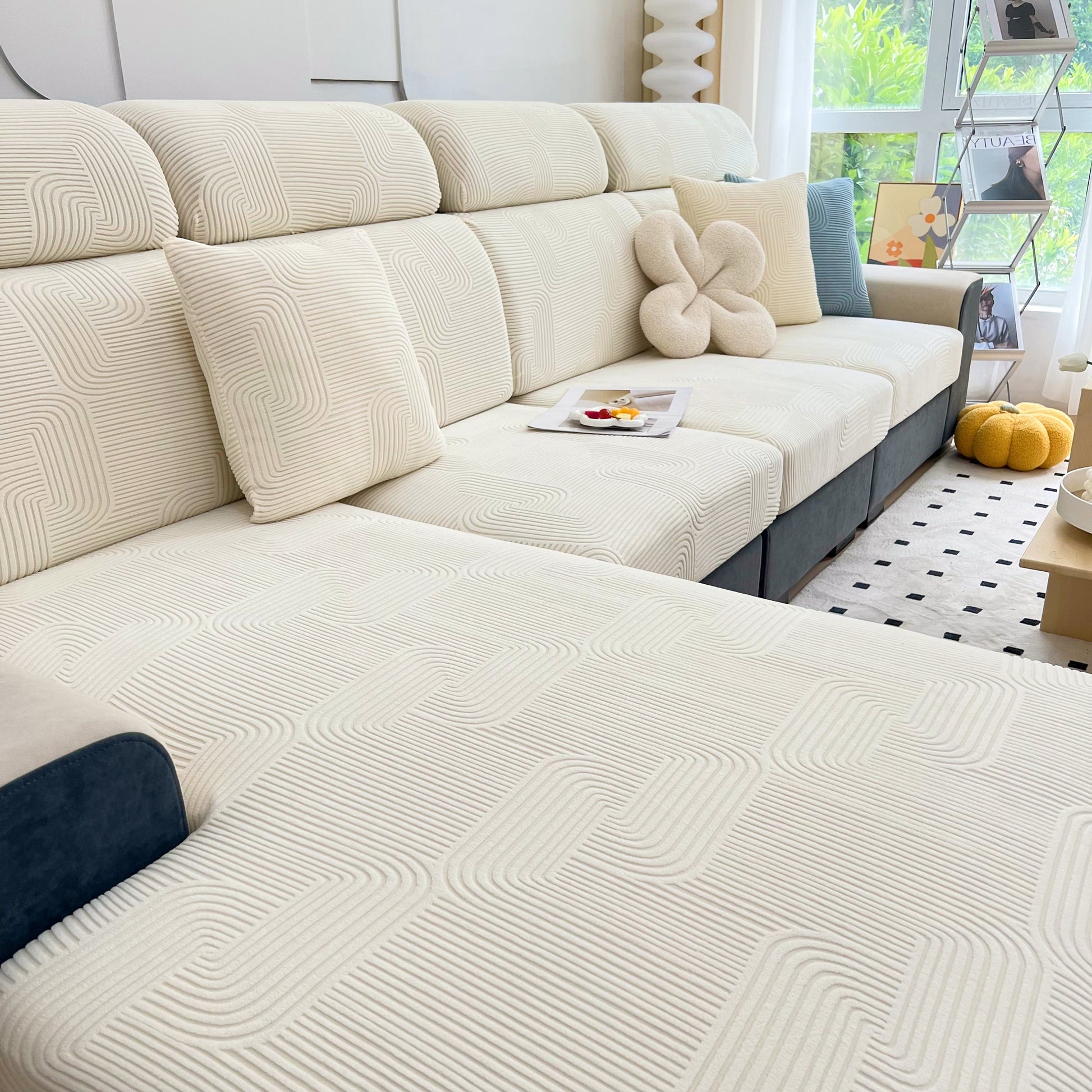 Stretch Couch Cushion Covers, Washable Chaise Lounge Sofa Slipcover, Elastic Furniture Protector for Pets, Kid in living room.