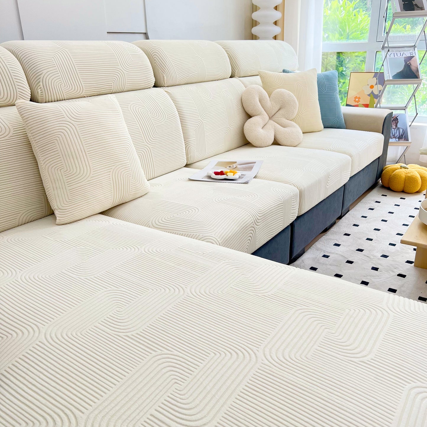 Stretch Couch Cushion Covers, Washable Chaise Lounge Sofa Slipcover, Elastic Furniture Protector for Pets, Kid on elegant sofa