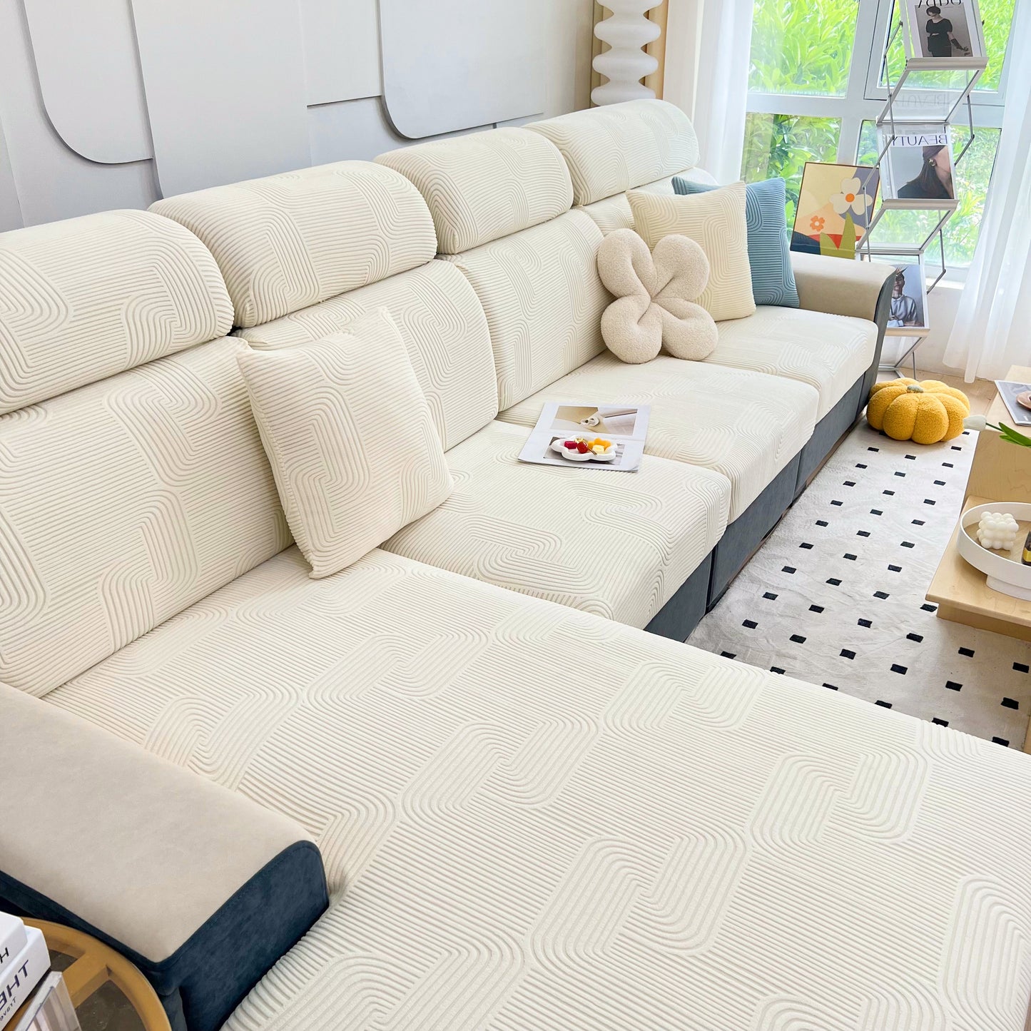 Stretch Couch Cushion Covers, Washable Chaise Lounge Sofa Slipcover, Elastic Furniture Protector for Pets, Kid on modern sofa.