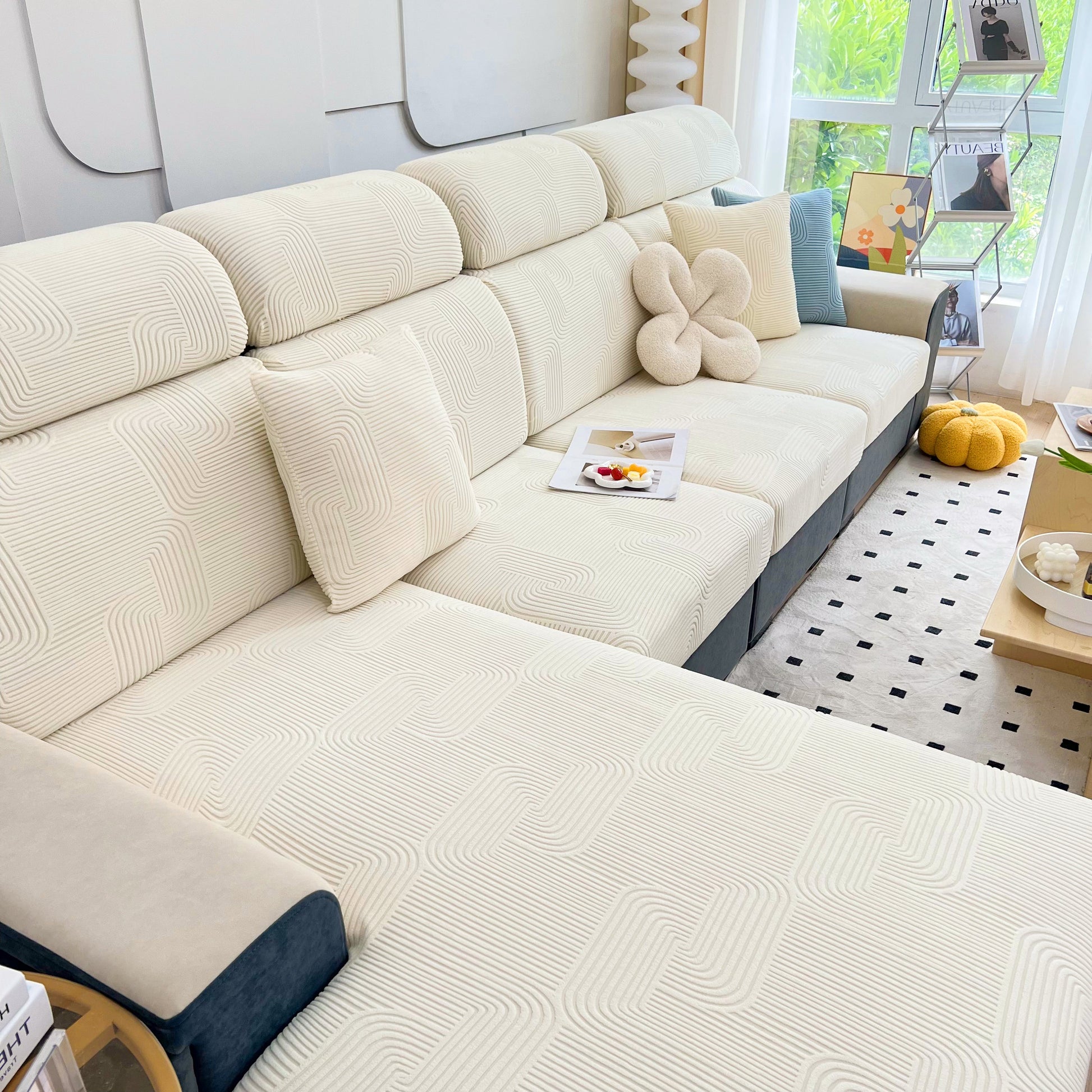 Stretch Couch Cushion Covers, Washable Chaise Lounge Sofa Slipcover, Elastic Furniture Protector for Pets, Kid on modern sofa.