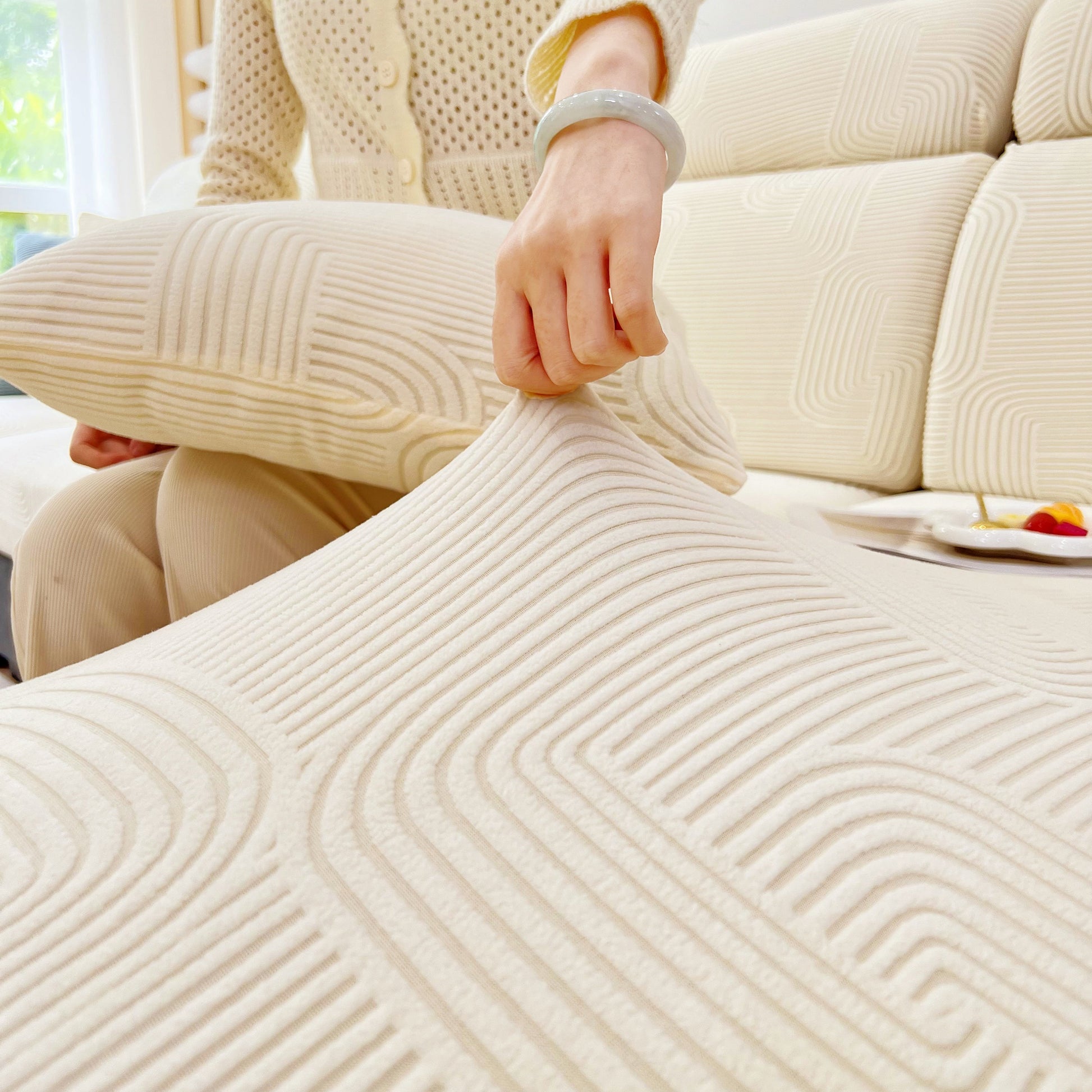 Stretch Couch Cushion Covers, Washable Chaise Lounge Sofa Slipcover, Elastic Furniture Protector for Pets, Kid in cream color