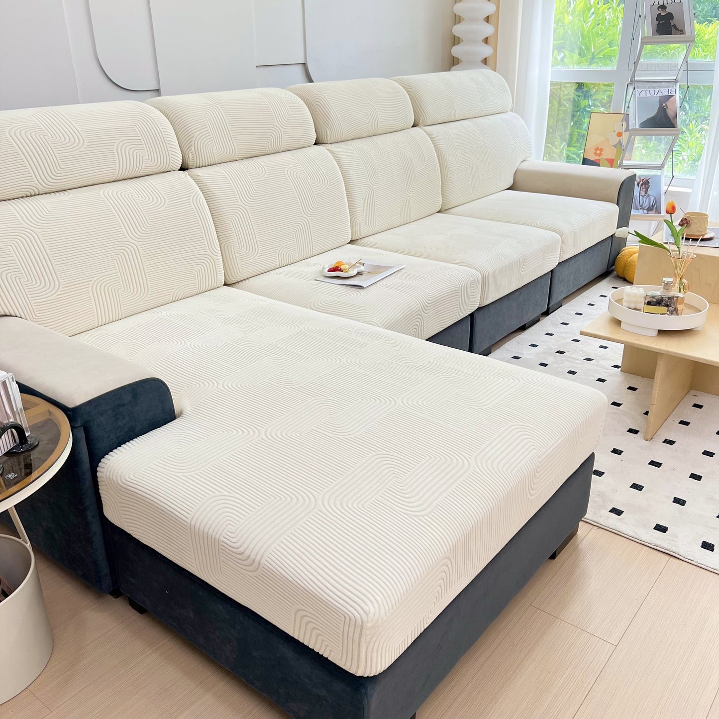Stretch Couch Cushion Covers, Washable Chaise Lounge Sofa Slipcover, Elastic Furniture Protector for Pets, Kid on modern sofa