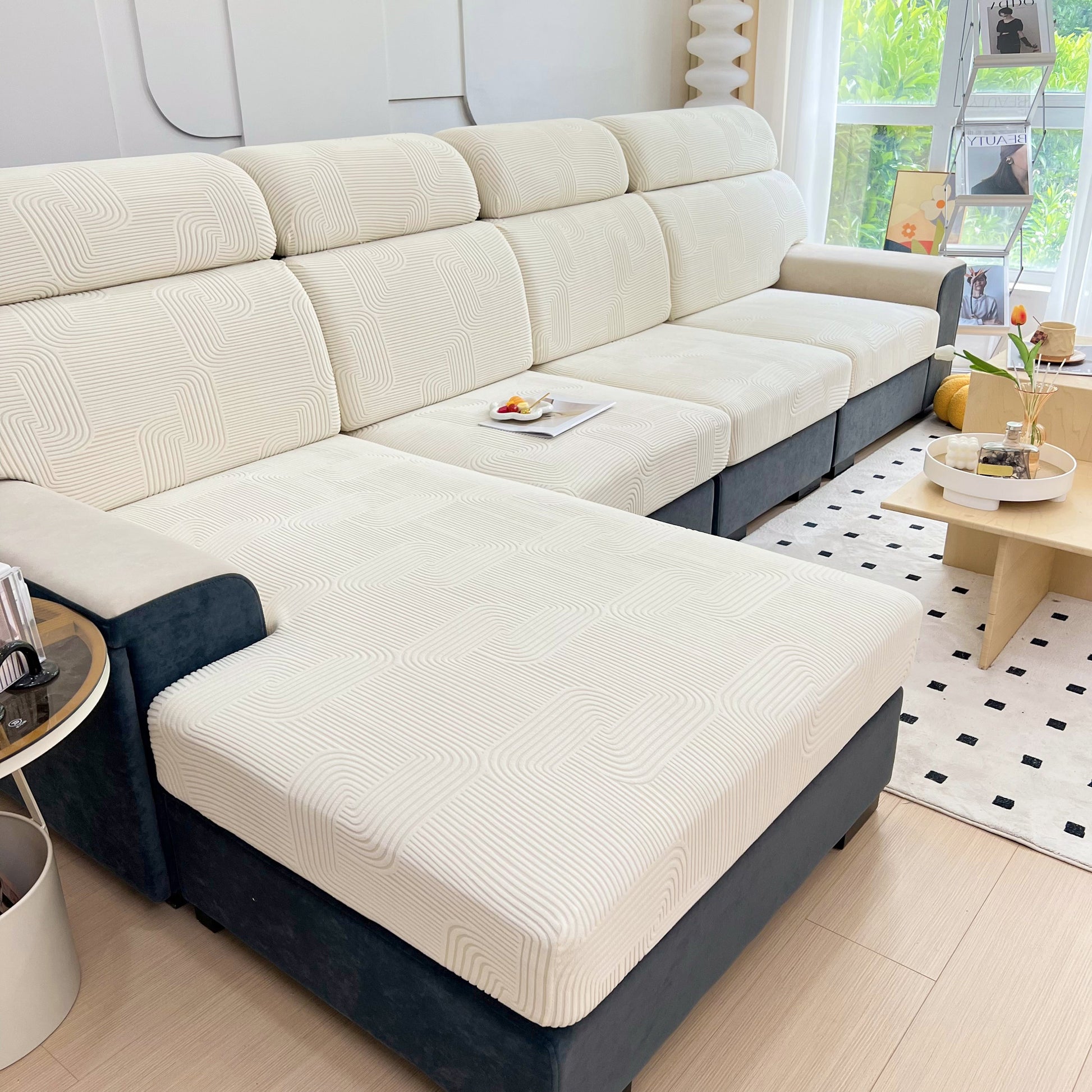 Stretch Couch Cushion Covers, Washable Chaise Lounge Sofa Slipcover, Elastic Furniture Protector for Pets, Kid on modern sofa