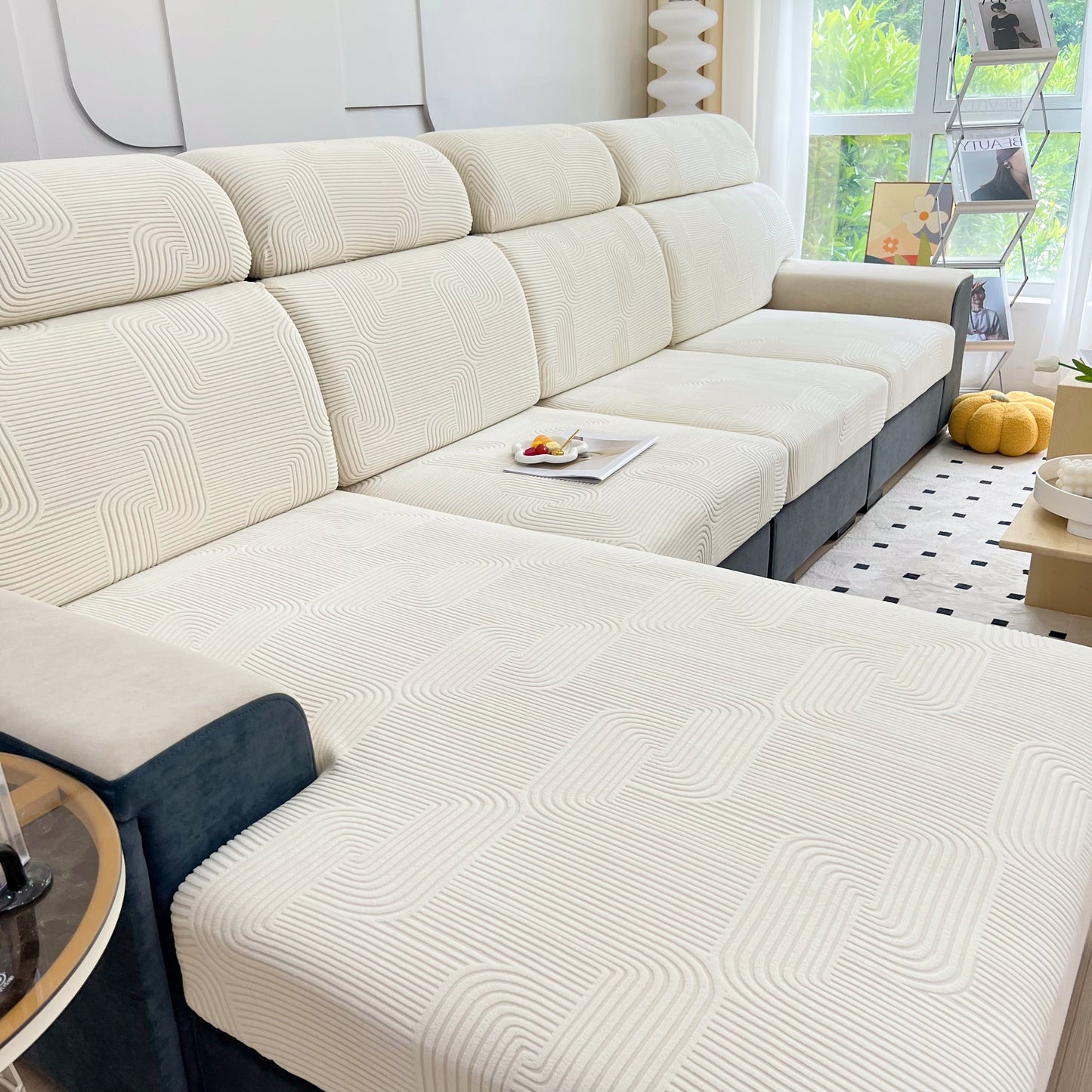 Stretch Couch Cushion Covers, Washable Chaise Lounge Sofa Slipcover, Elastic Furniture Protector for Pets, Kid in living room