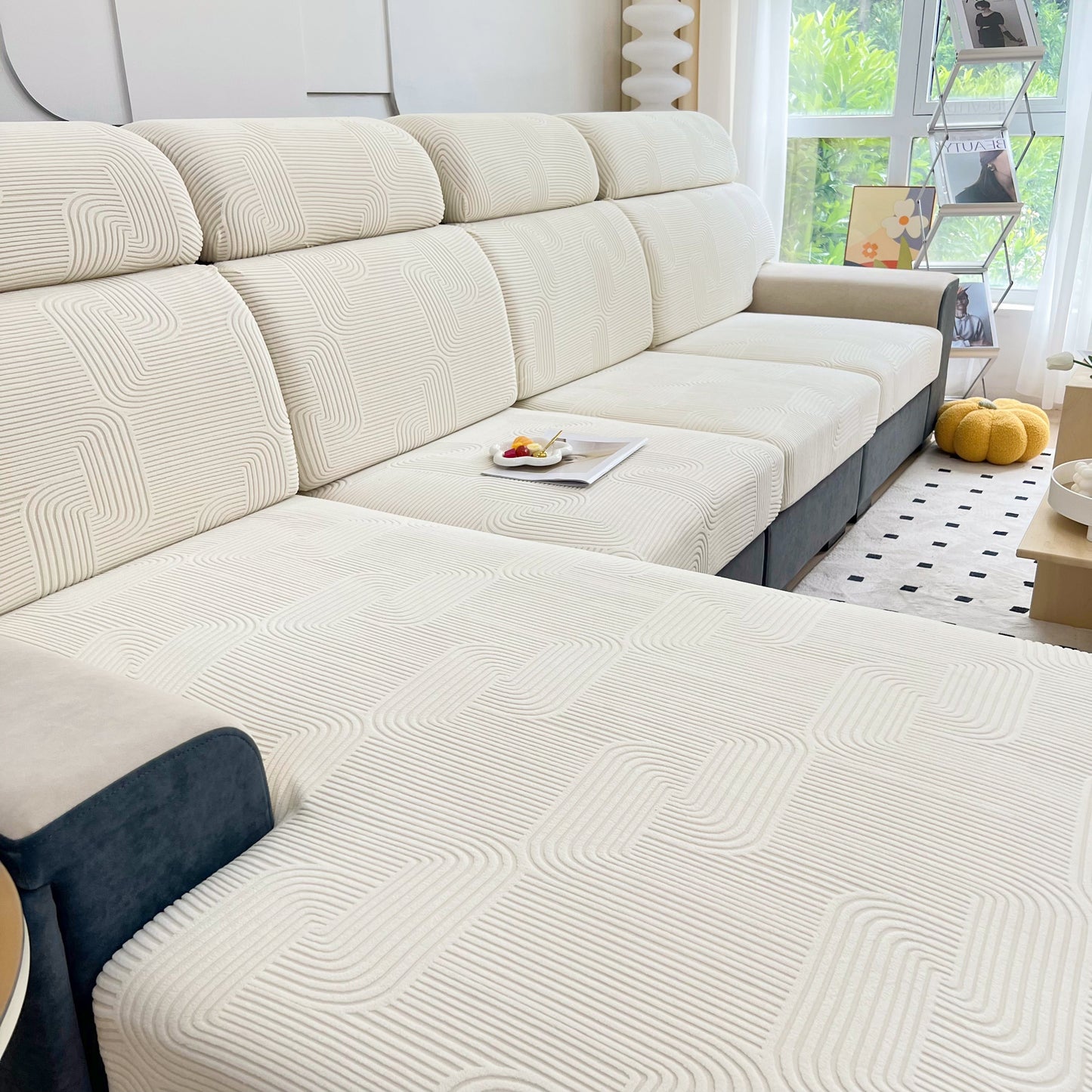 Stretch Couch Cushion Covers, Washable Chaise Lounge Sofa Slipcover, Elastic Furniture Protector for Pets, Kid on modern sofa